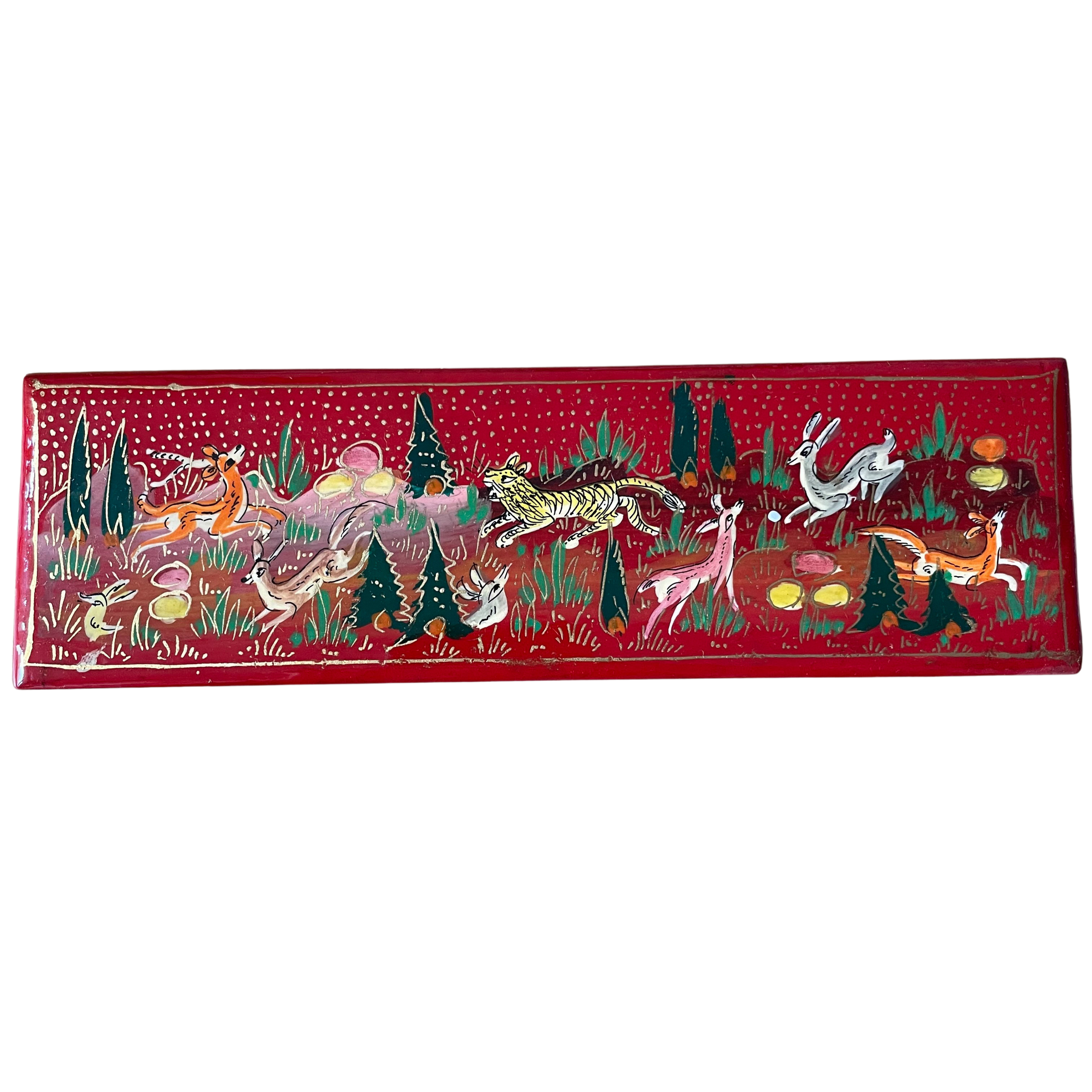 Kashmiri hand-painted folk art papier-mâché lacquered trinket box or pencil box with jungle animals design - Moppet