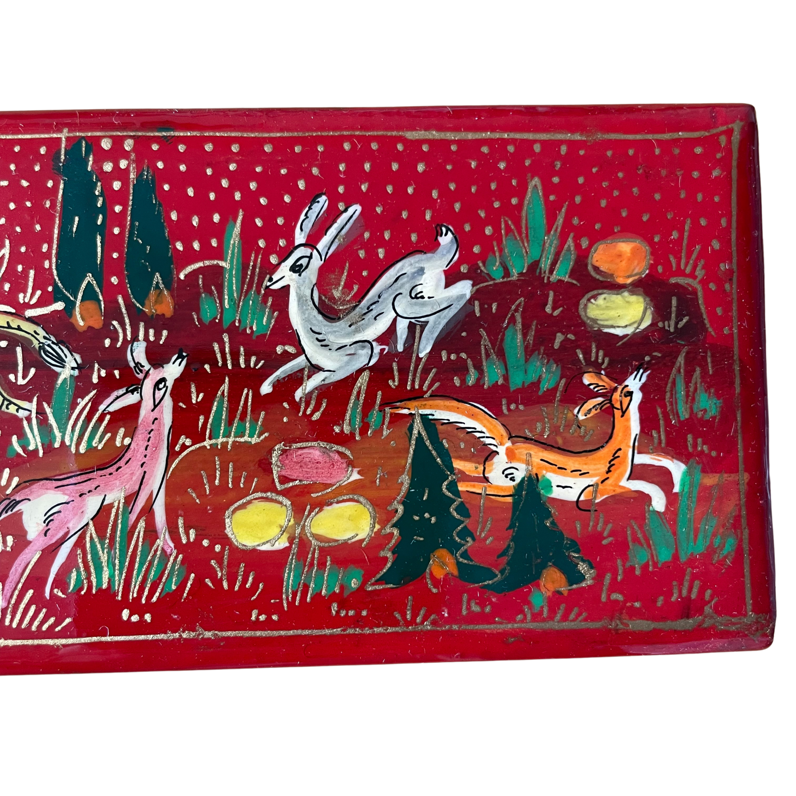 Kashmiri hand-painted folk art papier-mâché lacquered trinket box or pencil box with jungle animals design - Moppet