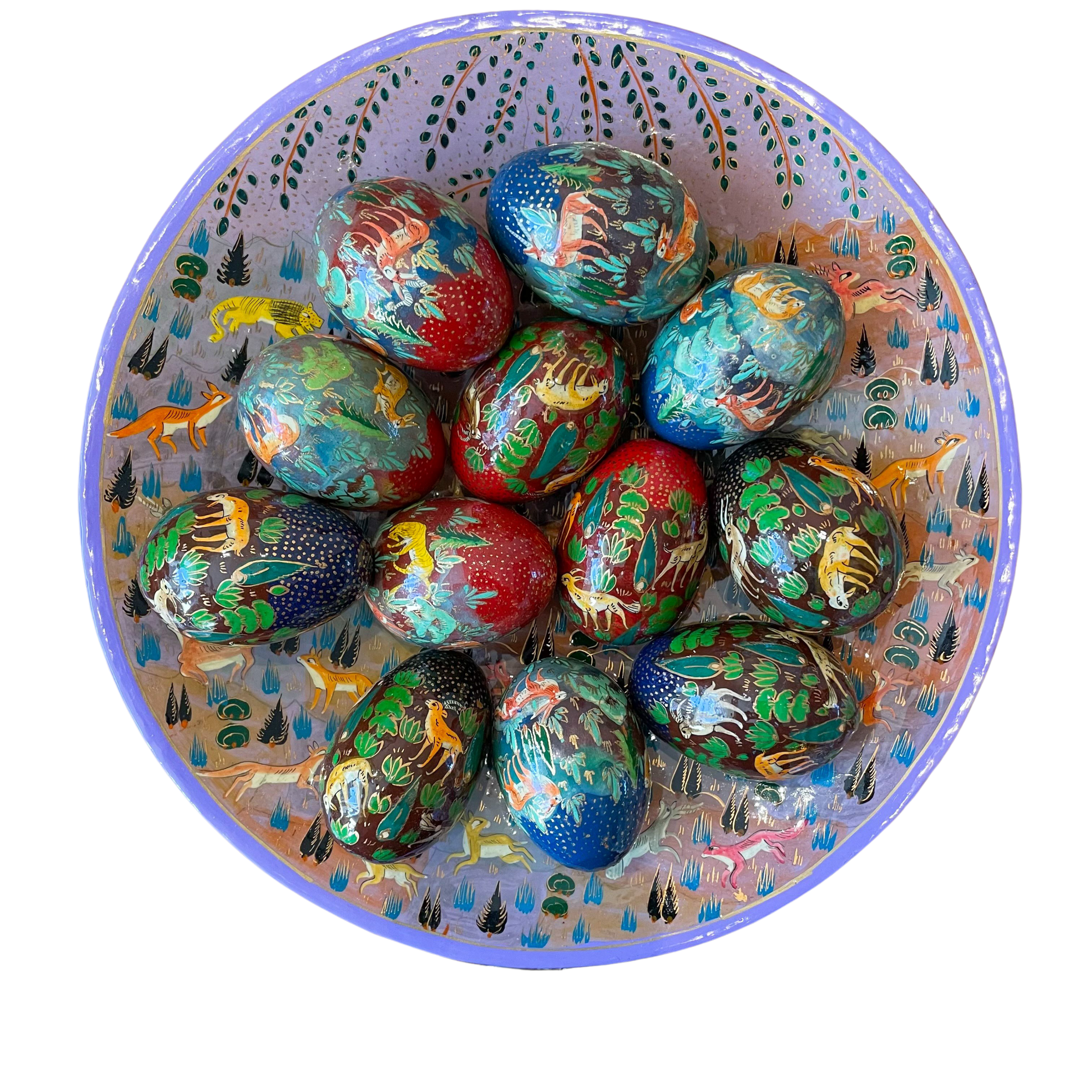 Kashmiri hand-painted folk art papier maché lacquered Easter egg with jungle animals design - Moppet