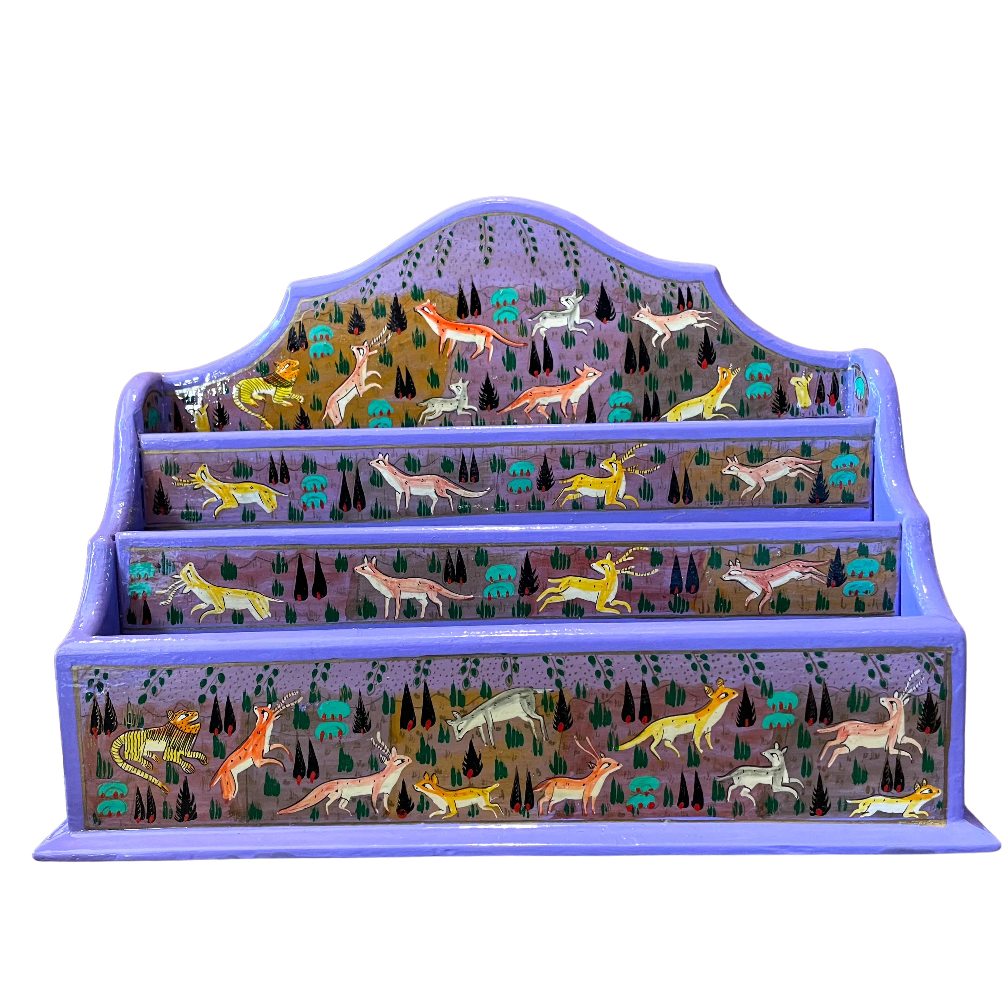 Kashmiri hand-painted folk art wooden lacquered letter rack with wavy edge and jungle animals design - Moppet