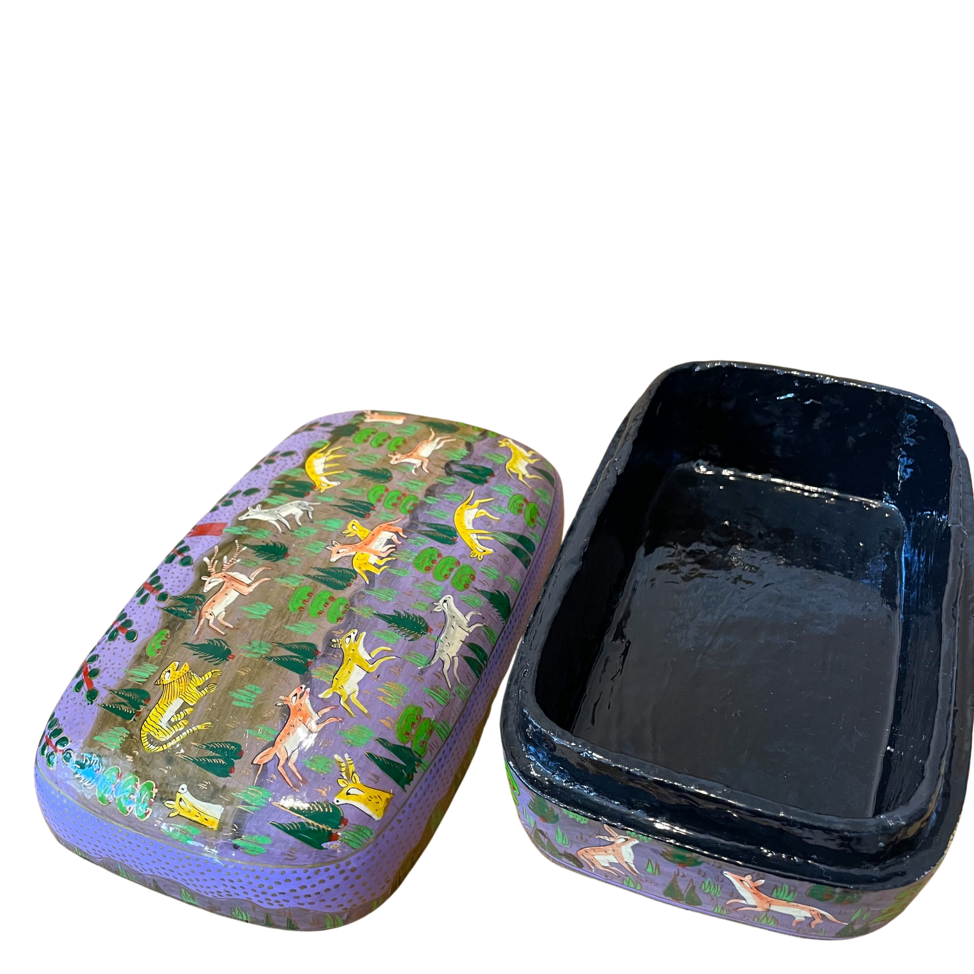 Kashmiri hand-painted folk art papier maché lacquered trinket box with jungle animals design | lilac - Moppet