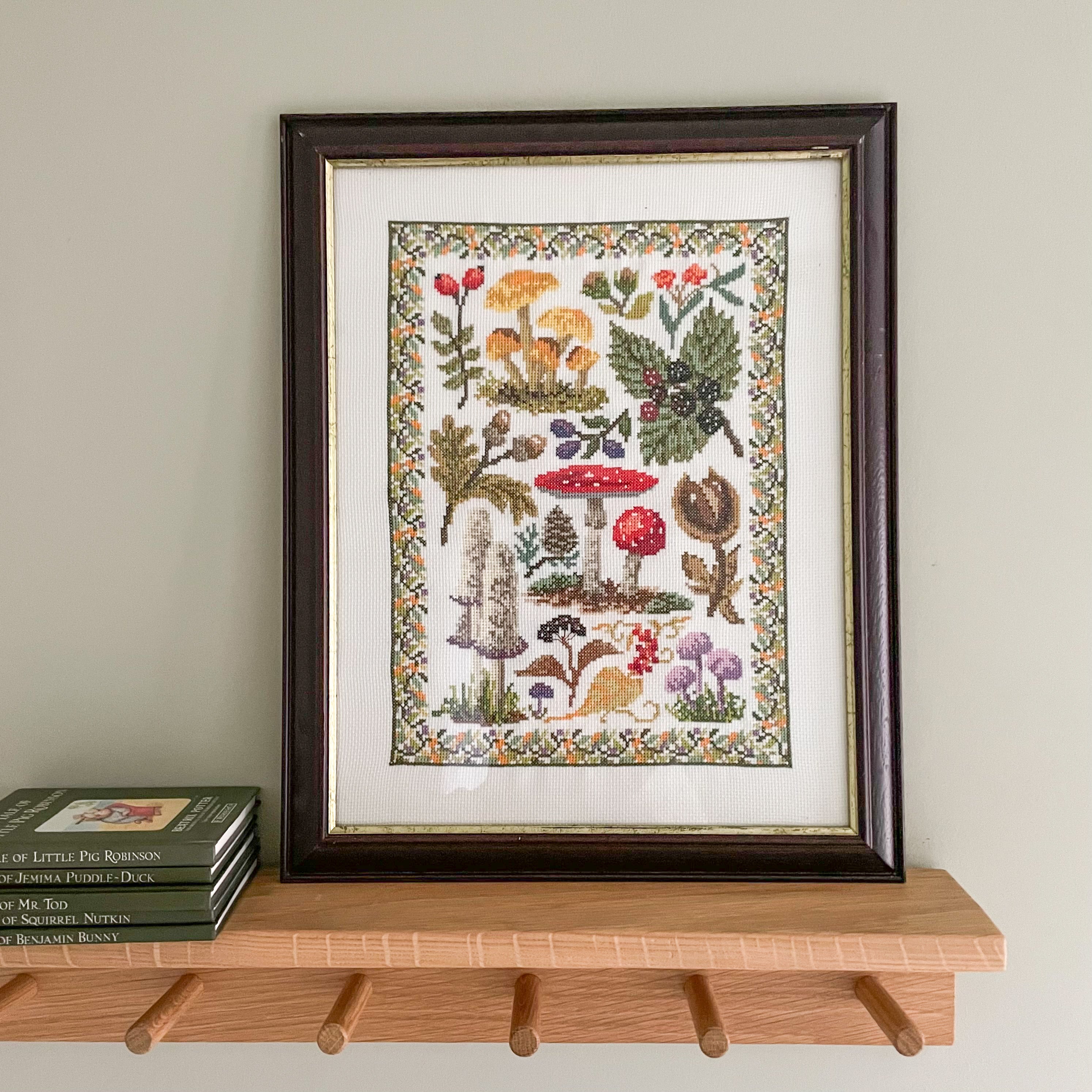 Vintage framed cross-stich embroidery or needlework of woodland forest toadstools/mushrooms/fungi and berries - Moppet