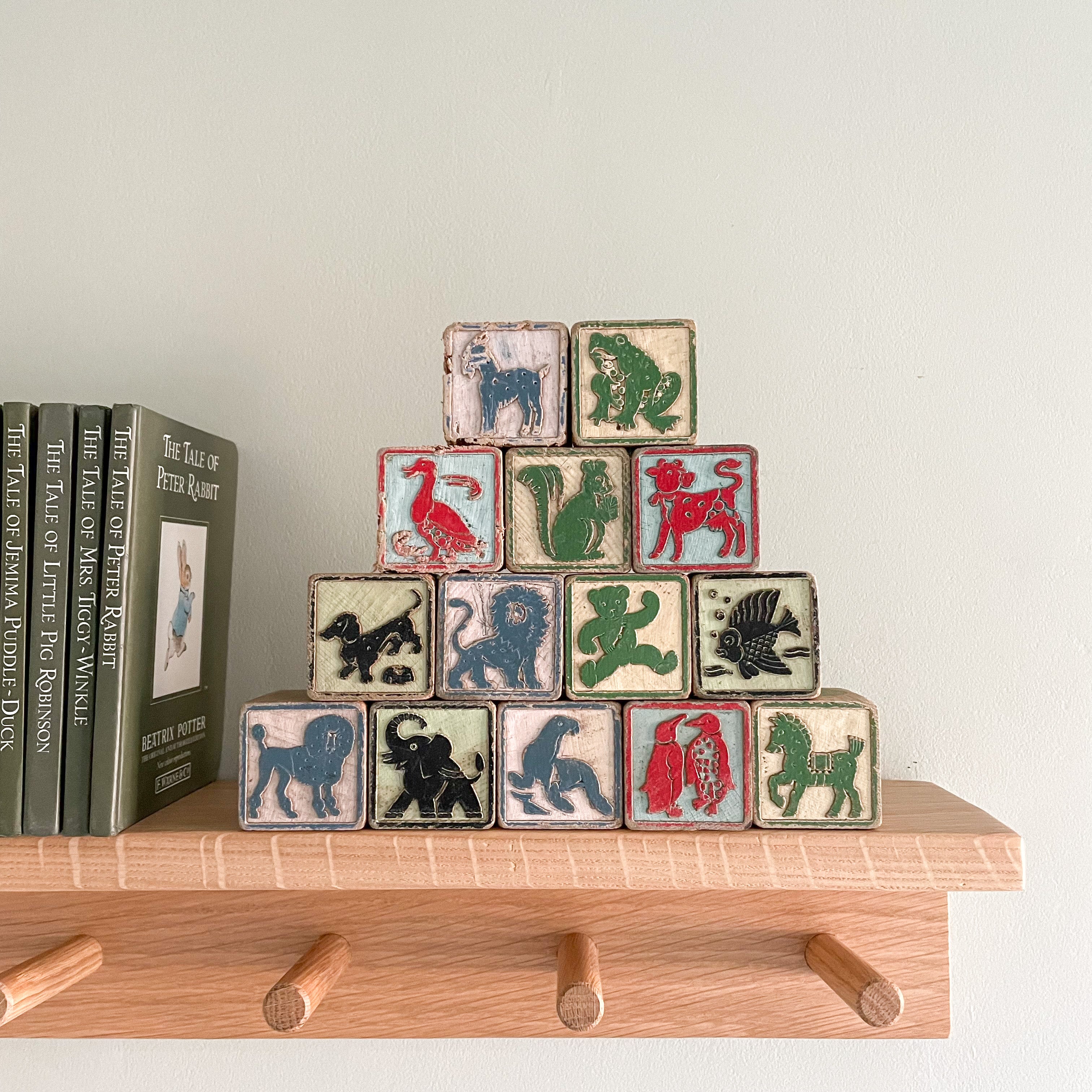 Vintage 1950s wooden stacking alphabet picture number building blocks - Moppet