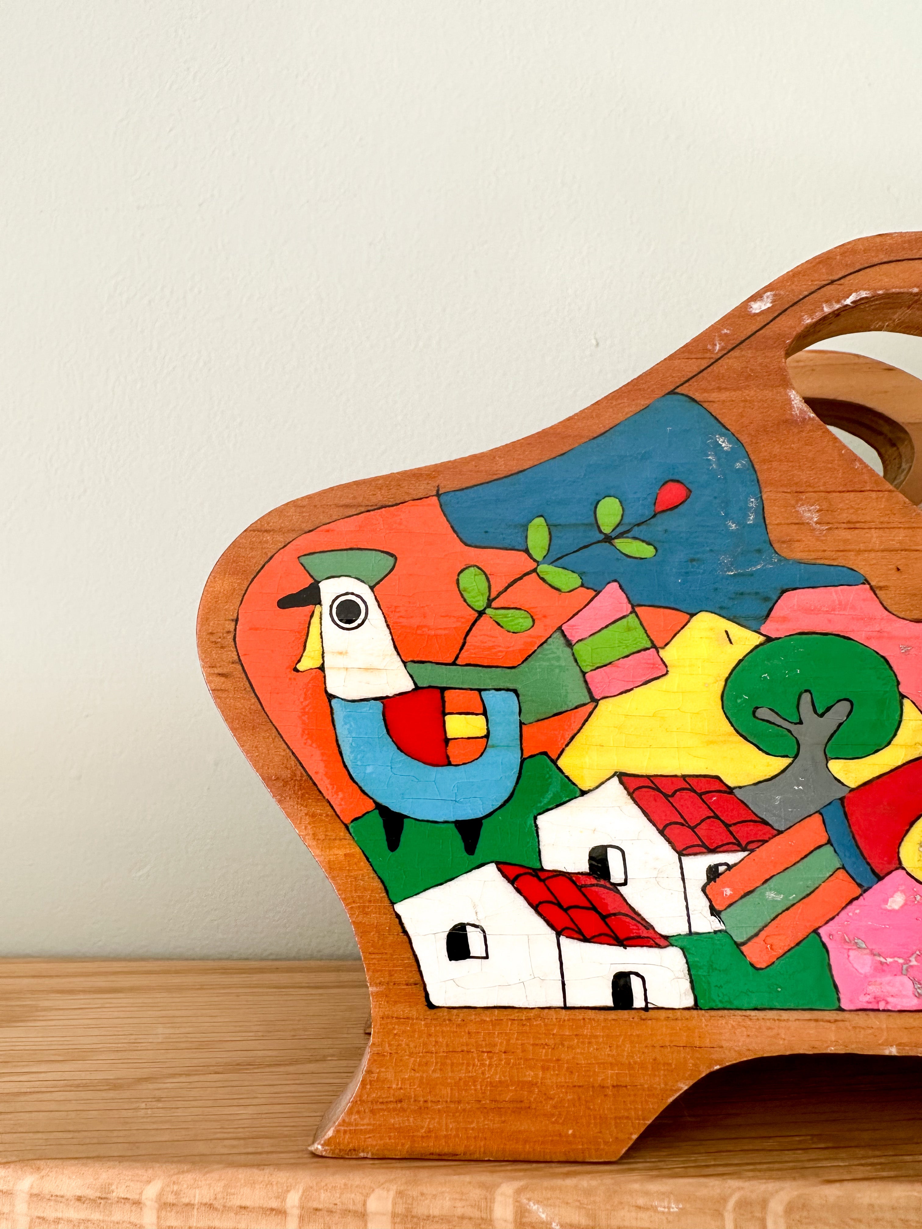 Vintage El Salvadorian wooden letter rack / desk tidy with hand-painted animal design - Moppet