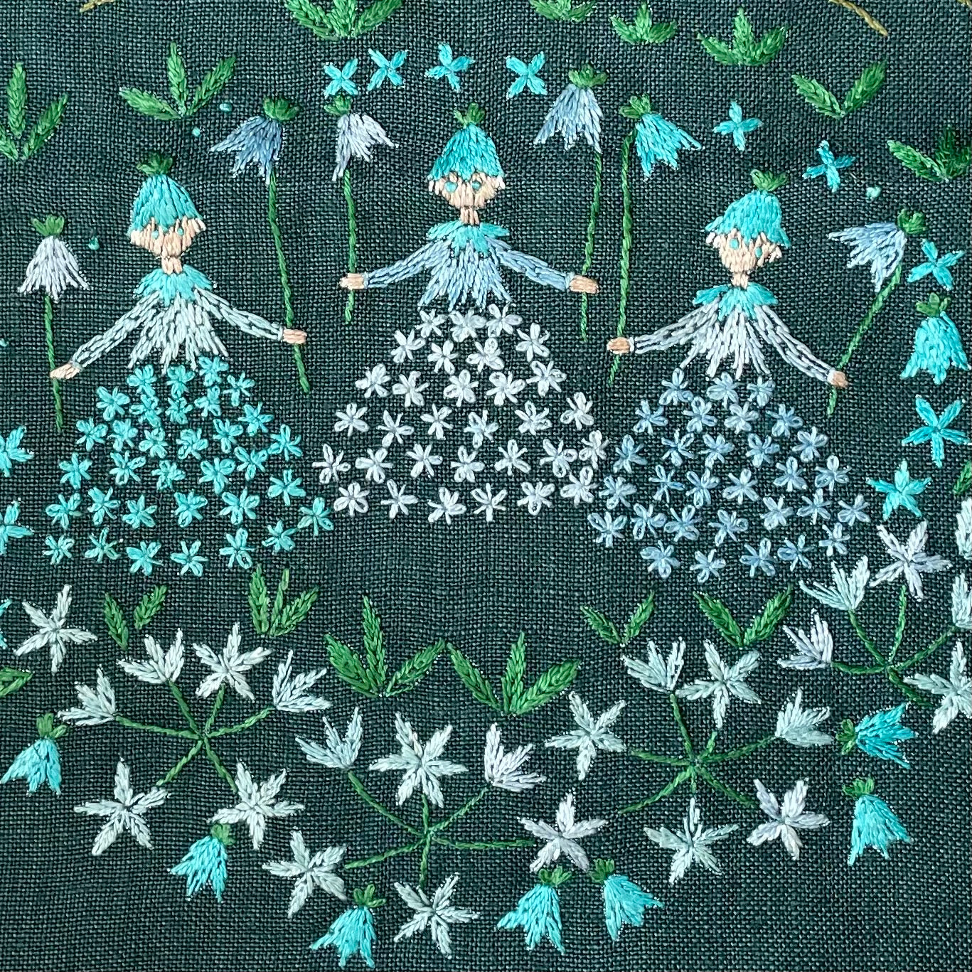 Vintage Swedish hand-embroidered wall hanging of woodland flower fairies - Moppet