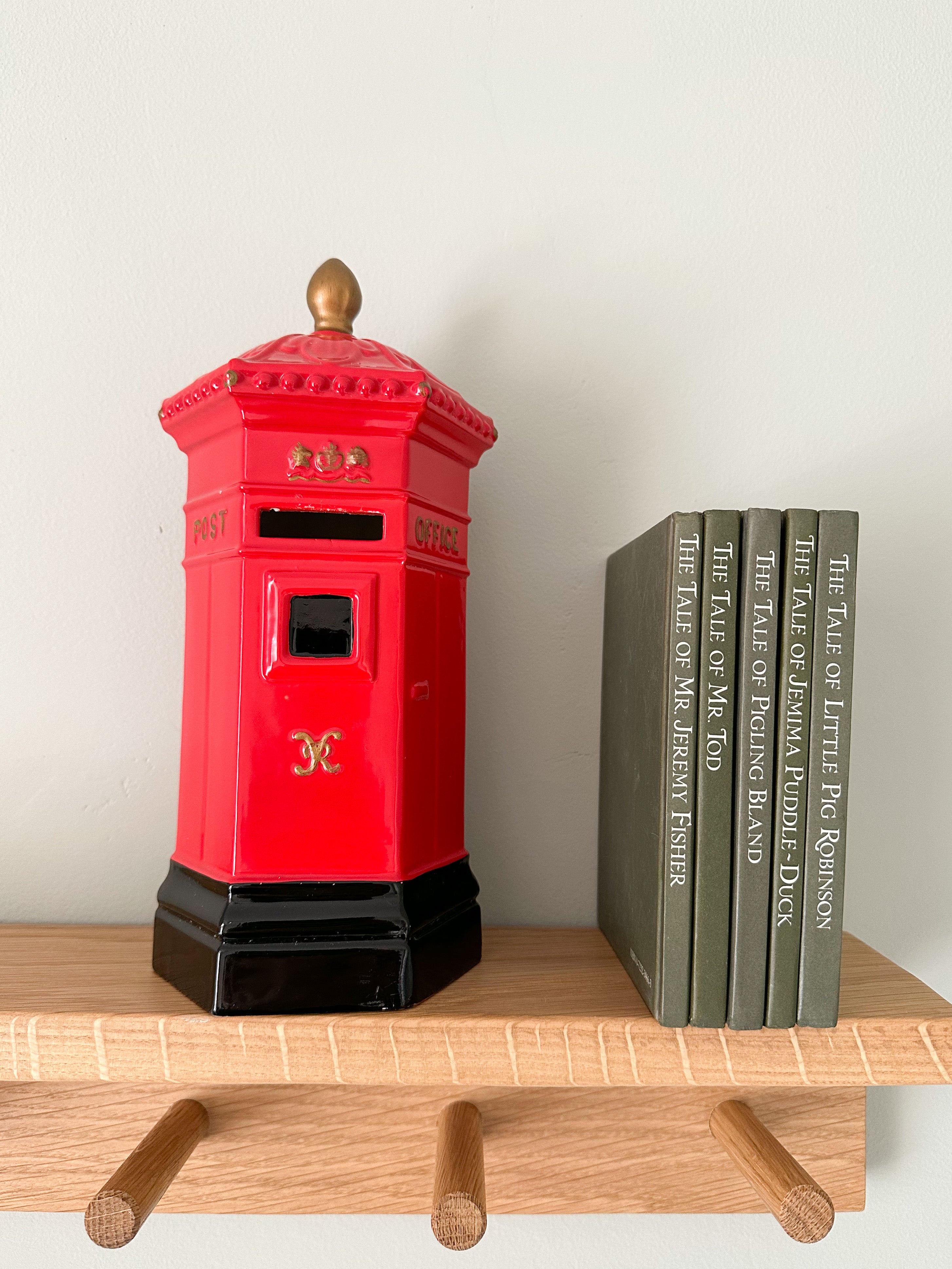 Vintage ceramic hexagonal ‘Penfold’ Victorian red post box money box, by Honiton England - Moppet