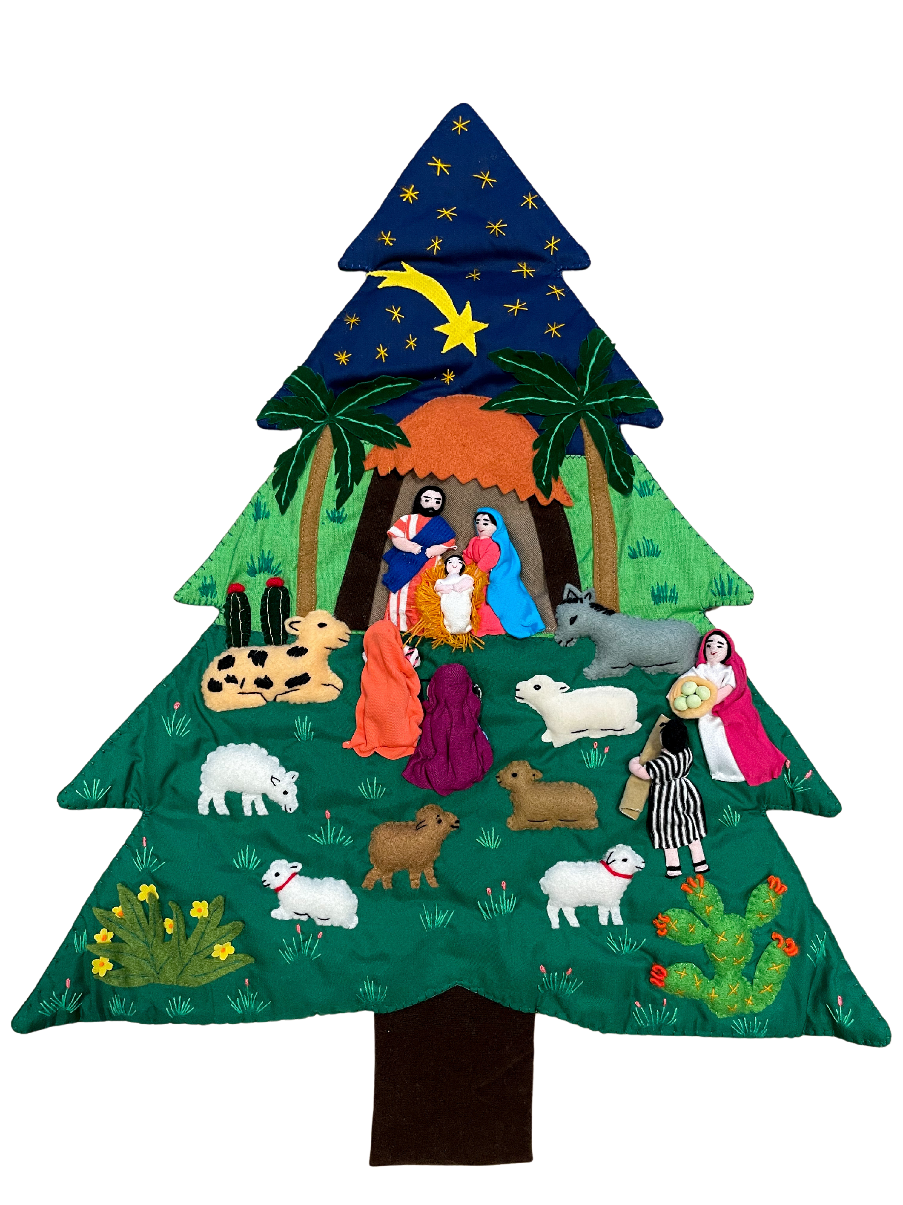 Handmade Peruvian quilted Christmas Tree Nativity folk art wall hanging arpillera tapestry - Moppet