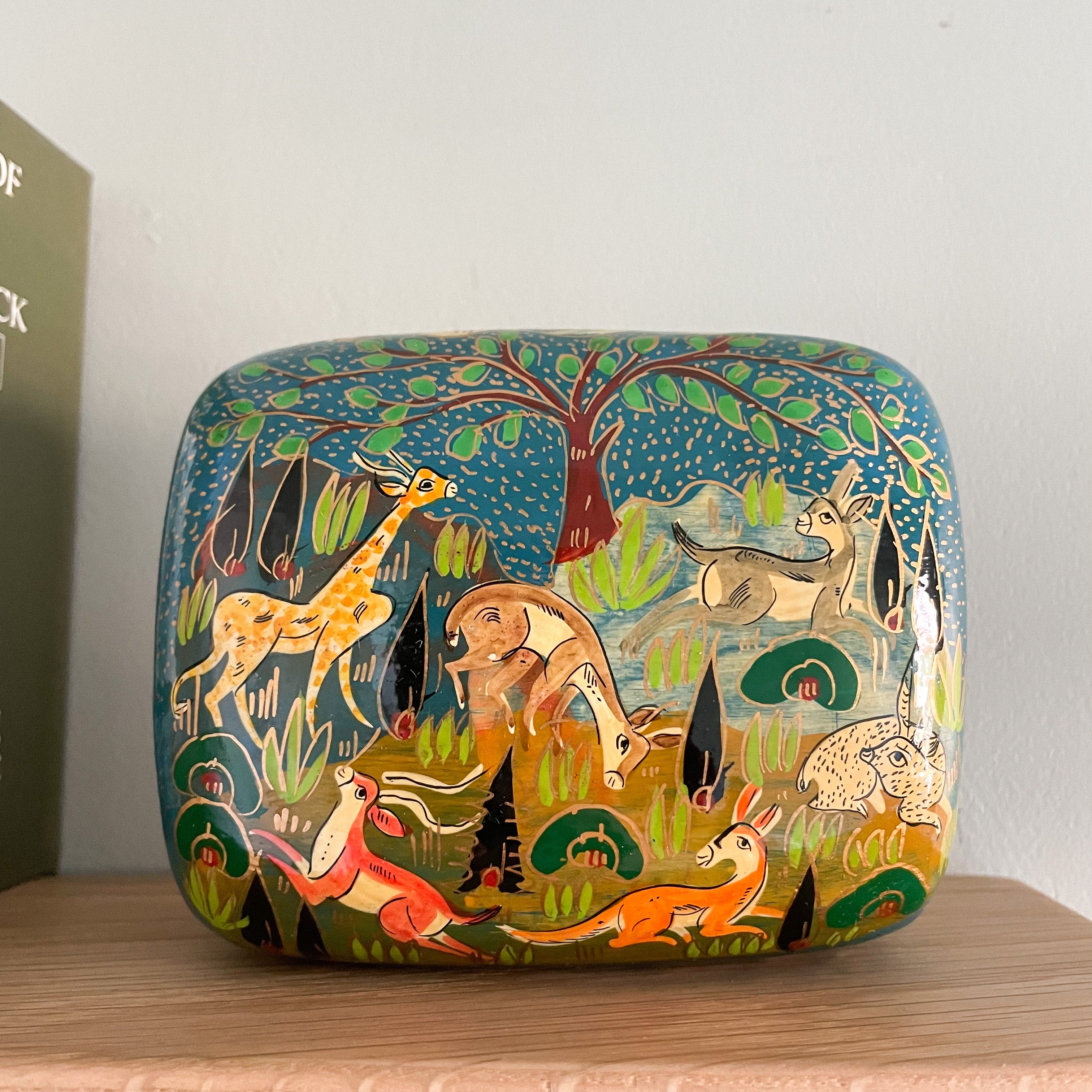 Kashmiri hand-painted folk art papier maché lacquered trinket box with jungle animals design | large animals - Moppet