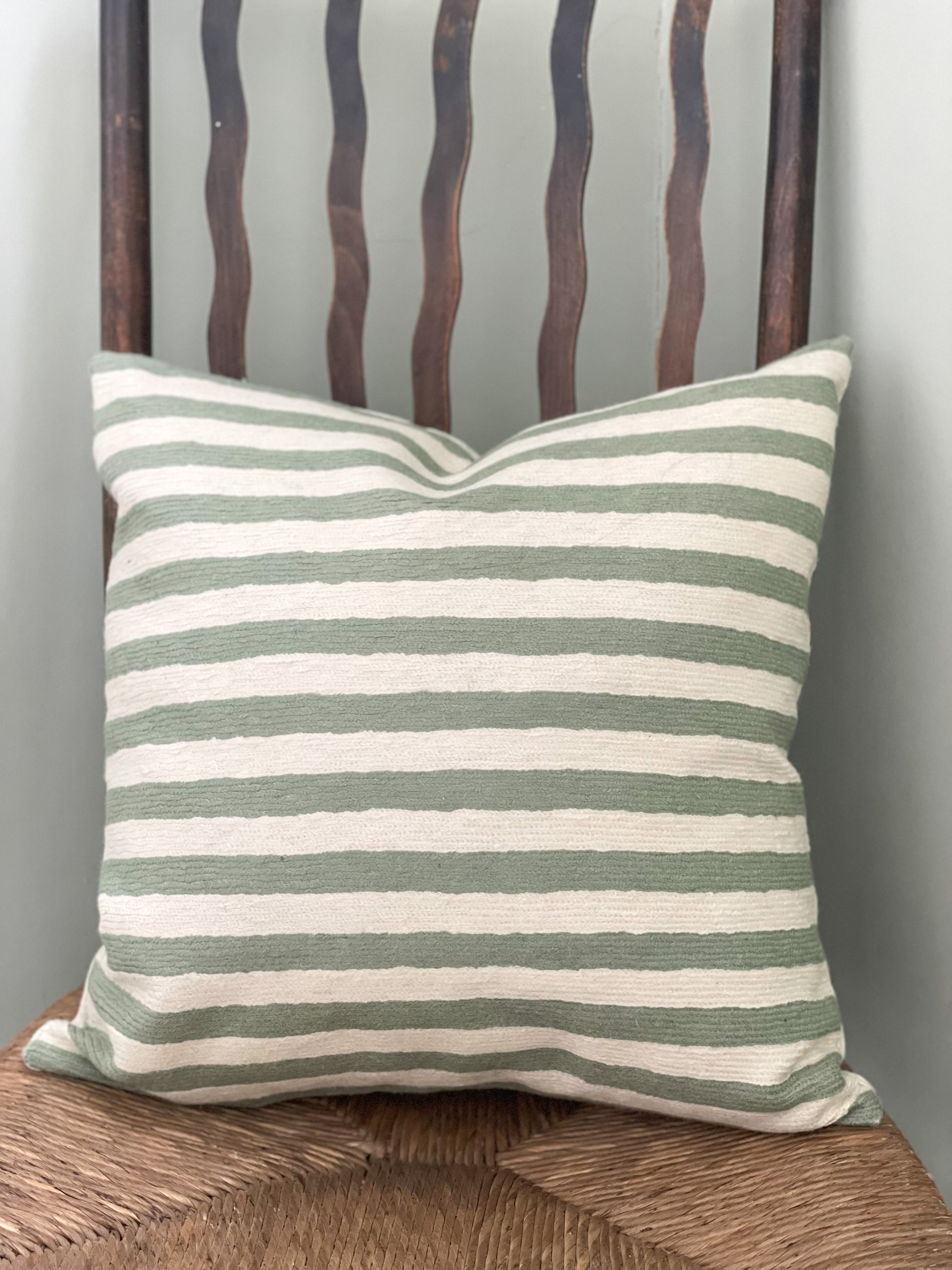 *NEW* Handmade crewel embroidered cushion cover | sage green stripe - Moppet