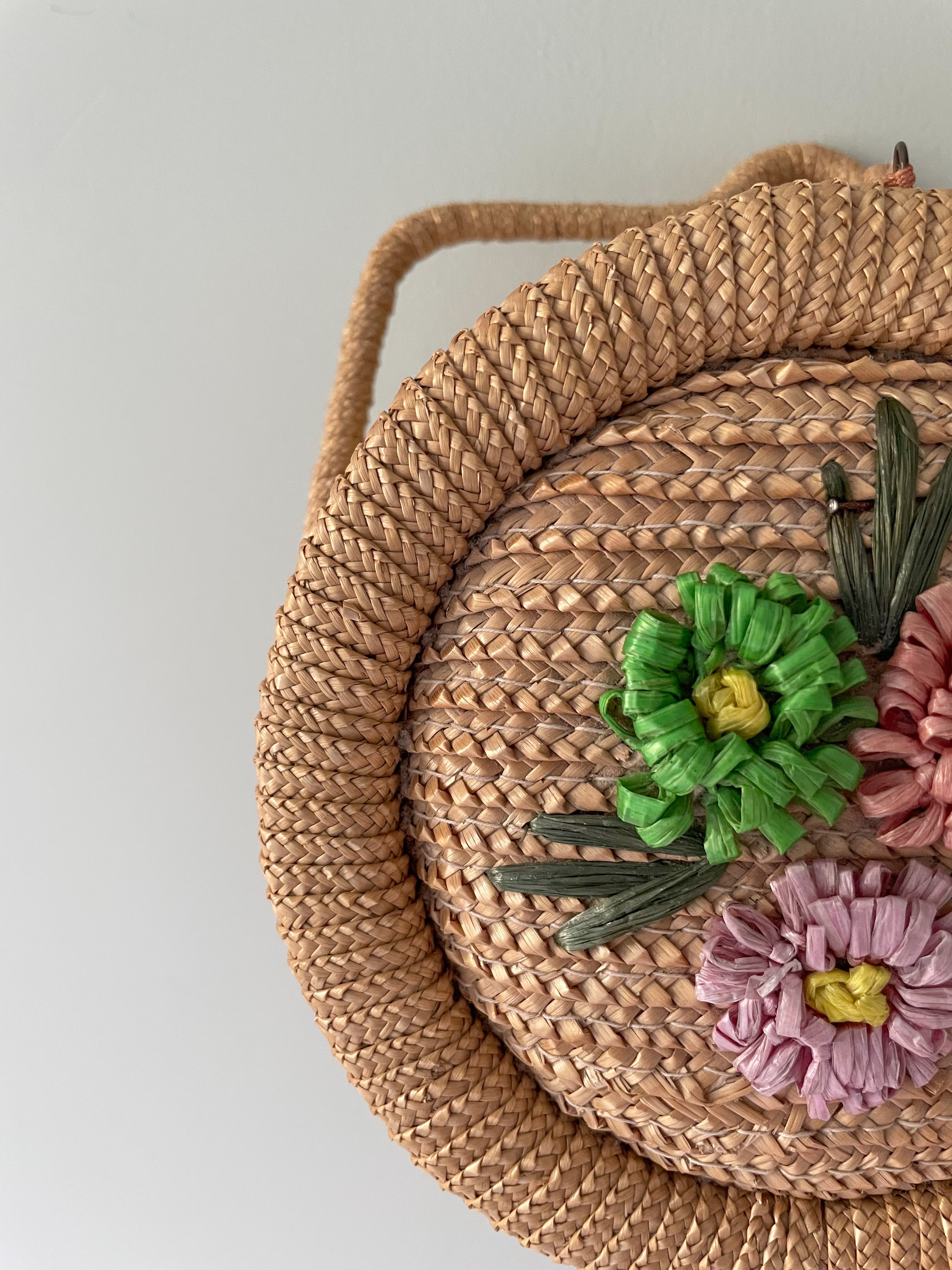 Vintage spring / Easter floral woven straw basket, formerly a sewing basket - Moppet