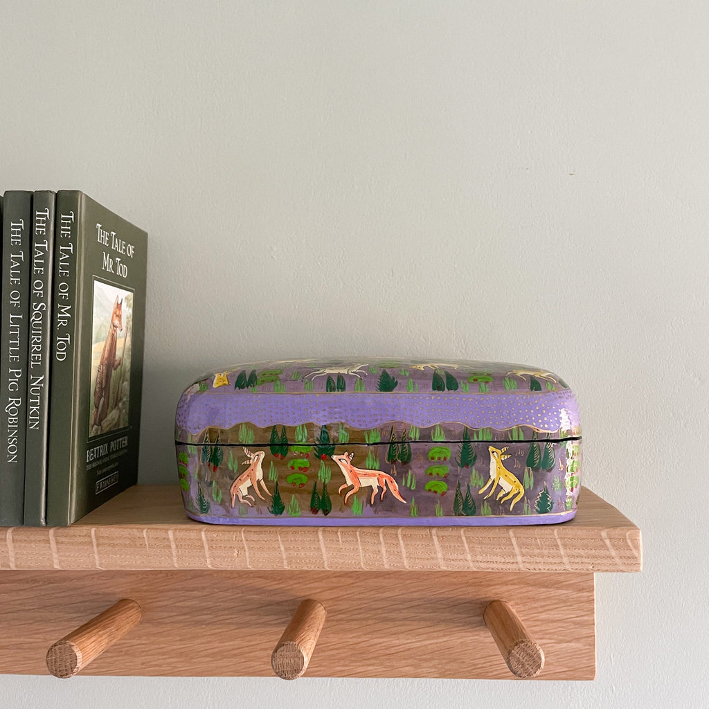 Kashmiri hand-painted folk art papier maché lacquered trinket box with jungle animals design | lilac - Moppet