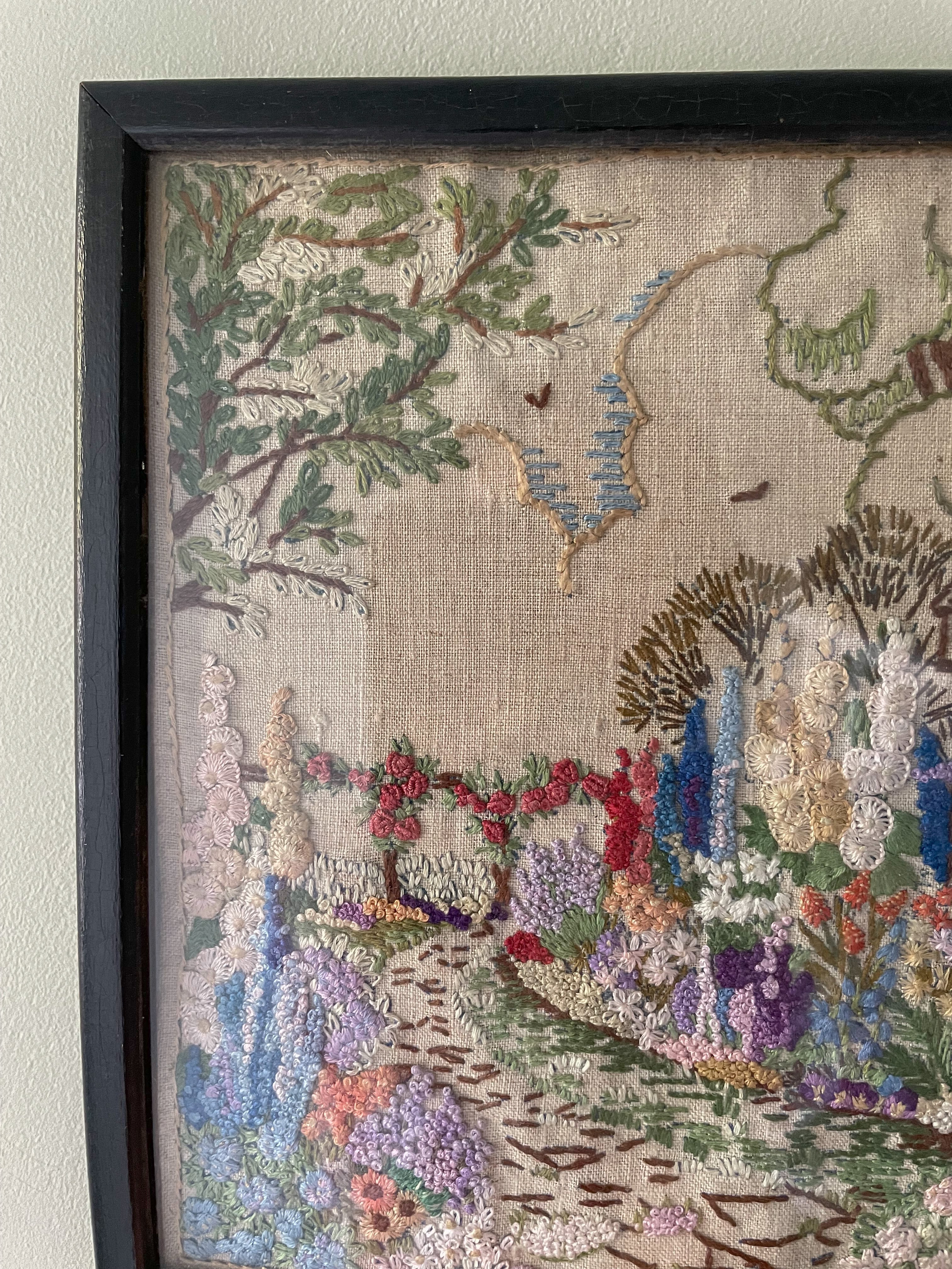 Vintage framed embroidery of a garden path and bird house / dove cote on a linen canvas - Moppet