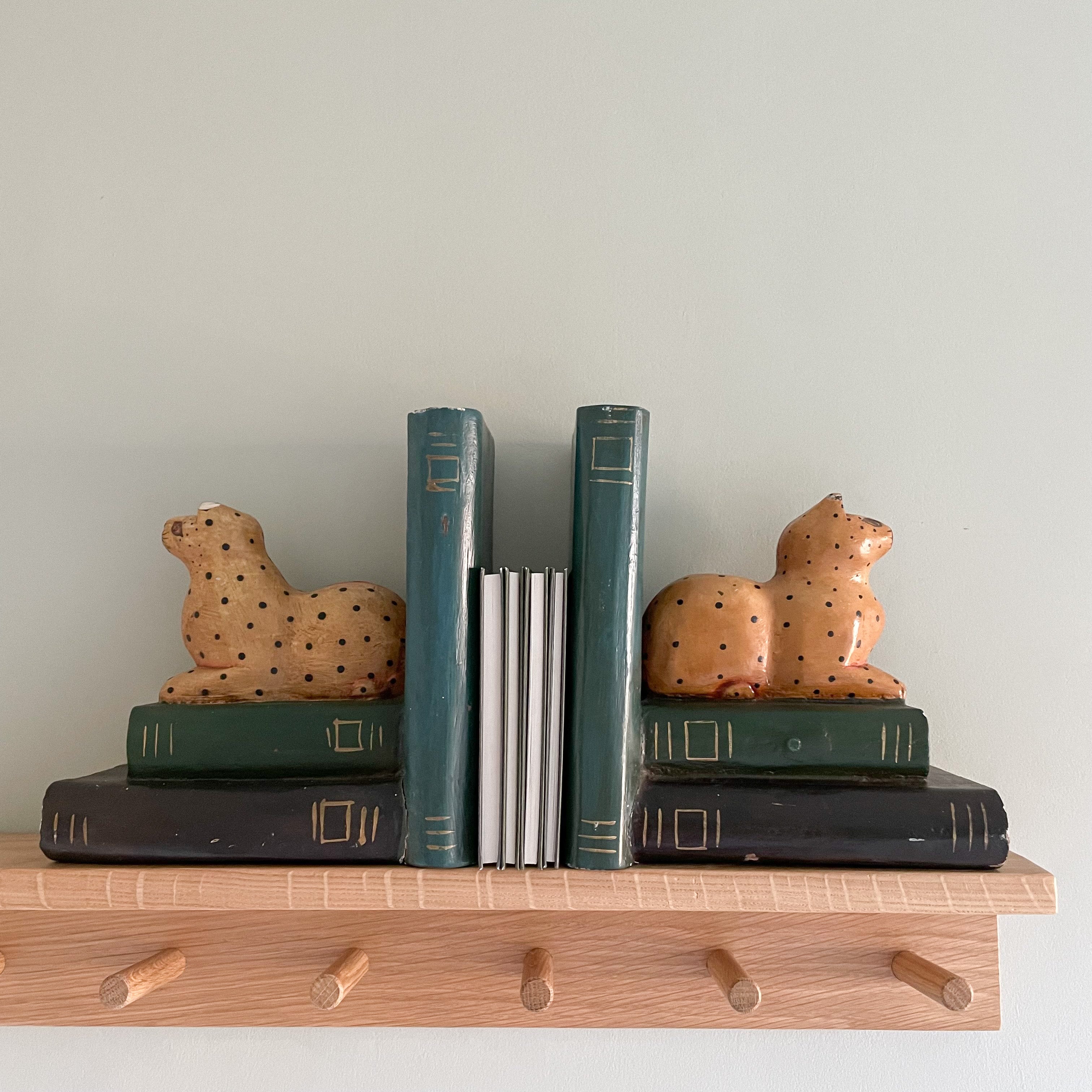 Pair of vintage wooden spotty leopard big cat bookends - Moppet