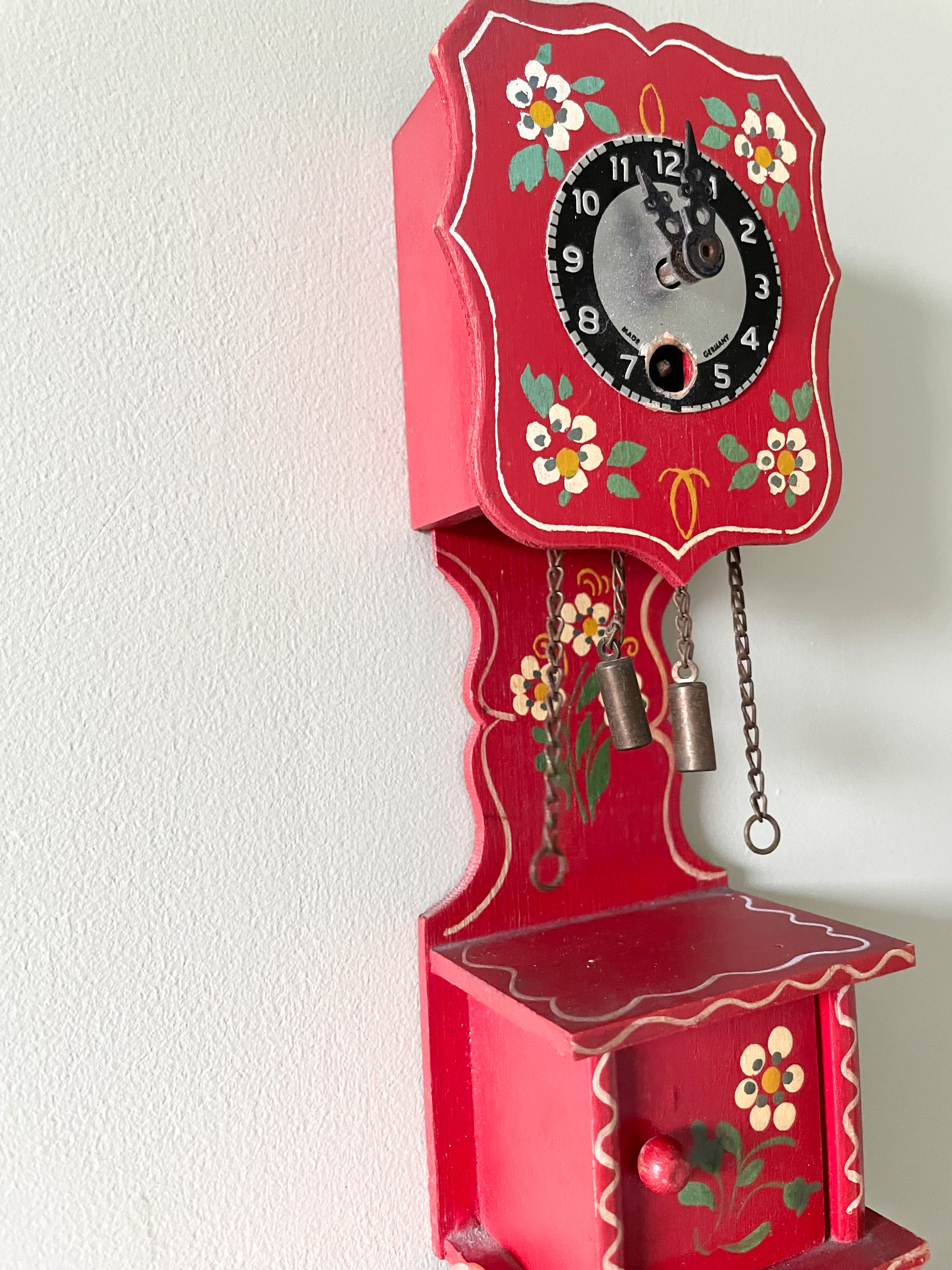 Vintage German wooden folk art miniature grandfather clock, handmade in Bavaria - Moppet