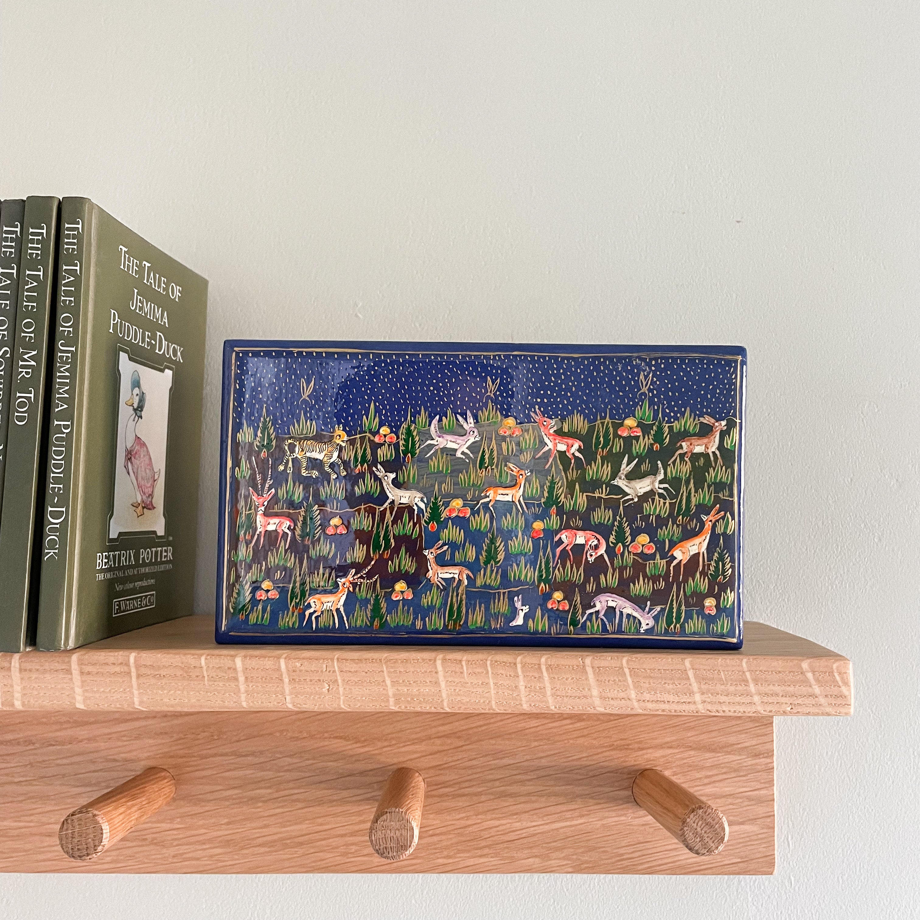 Kashmiri hand-painted folk art papier maché lacquered trinket box with jungle animals design | blue - Moppet