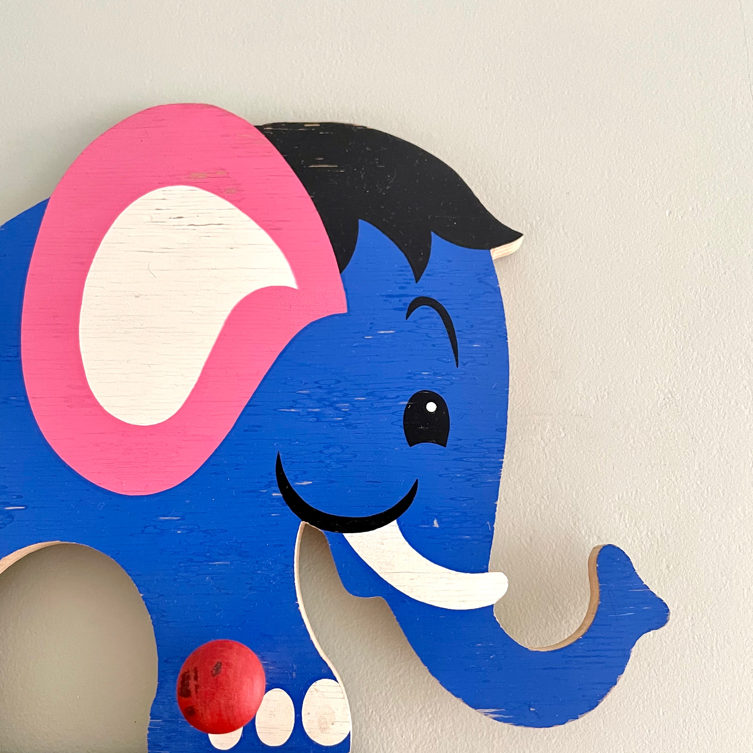Vintage 1960s German wooden ‘Jumbo’ elephant peg rail coat hook, by Mertens Kunst (blue & pink) - Moppet