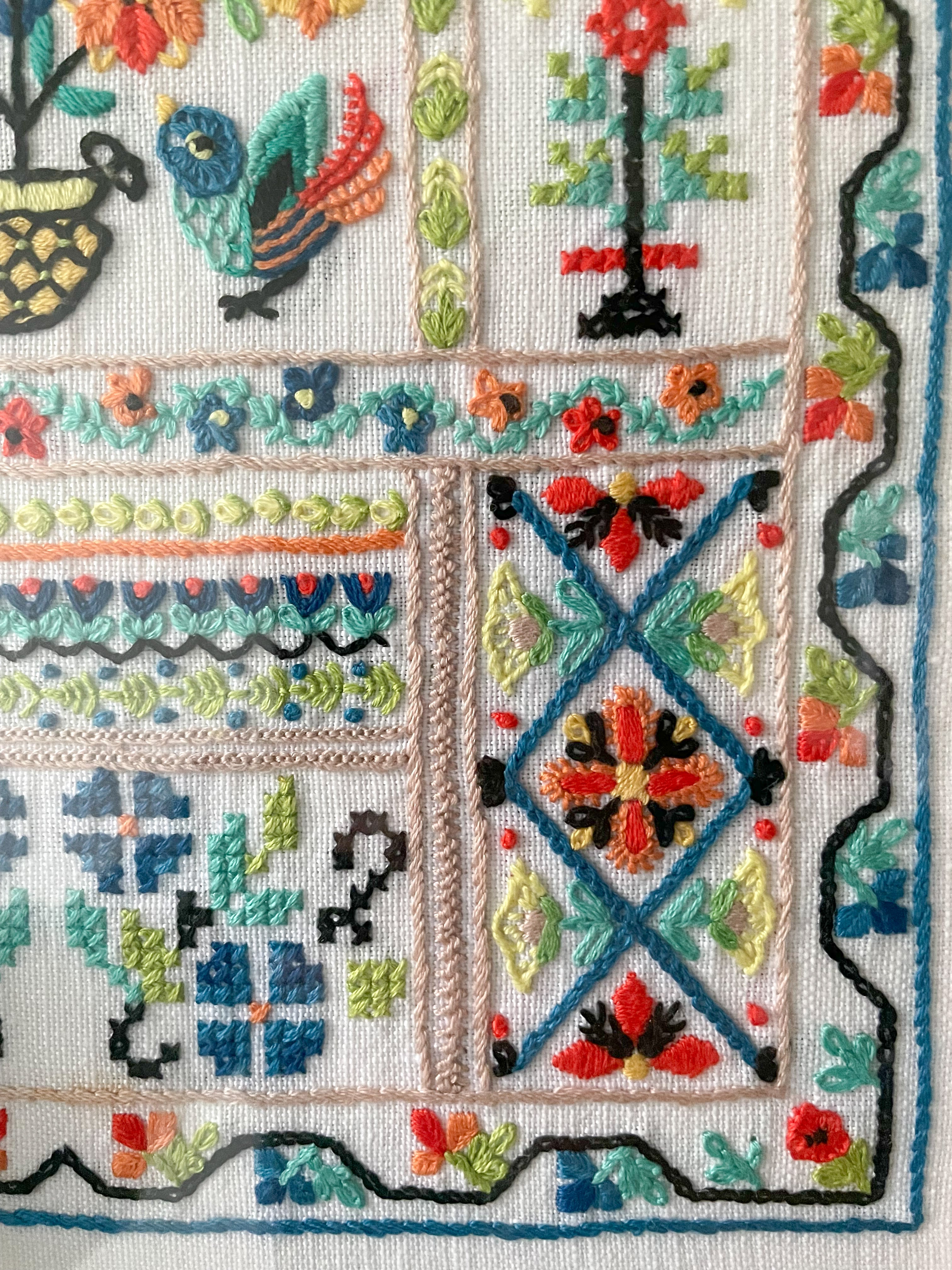 Vintage 1950s framed children's embroidery or needlework alphabet sampler (non-original frame) - Moppet