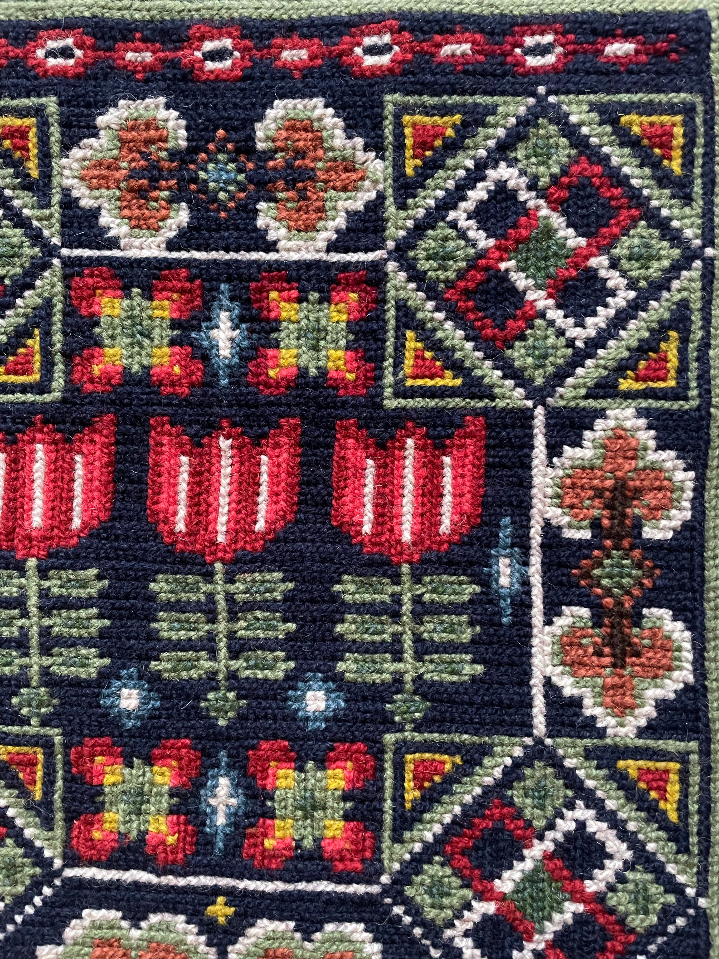 Vintage mid-century Swedish wall-hanging tapestry in tulips and geese design, hand woven Flemish weave twist stitch - Moppet
