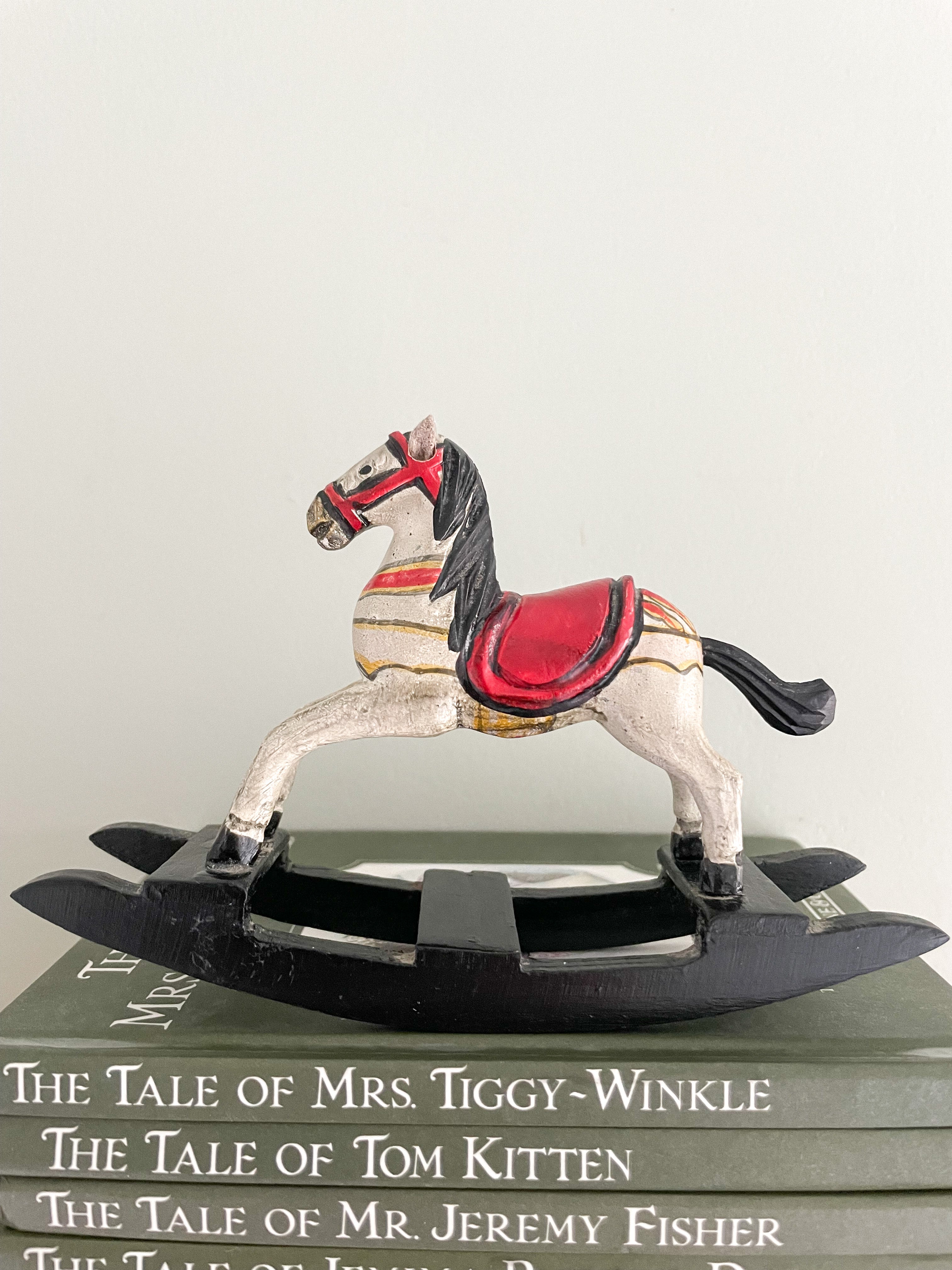 Vintage wooden hand-painted rocking horse, white red and black - Moppet
