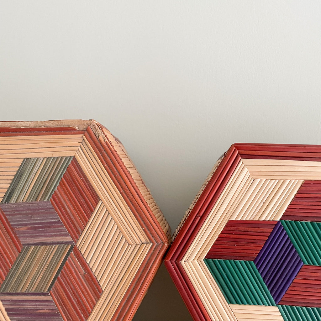 Vintage Chinese hexagonal straw inlaid nesting boxes - Moppet