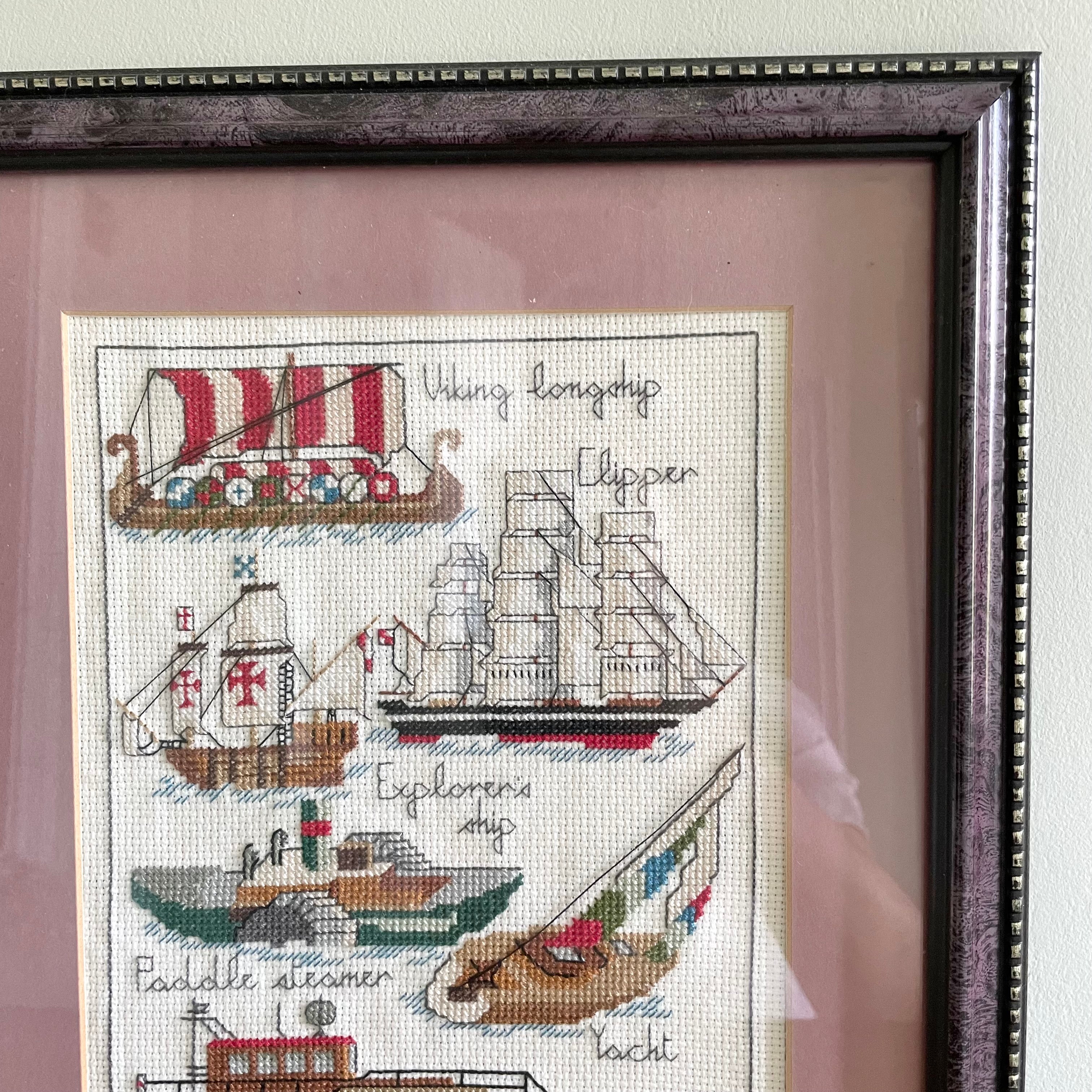 Vintage framed cross stitch of a collection of ships - Moppet
