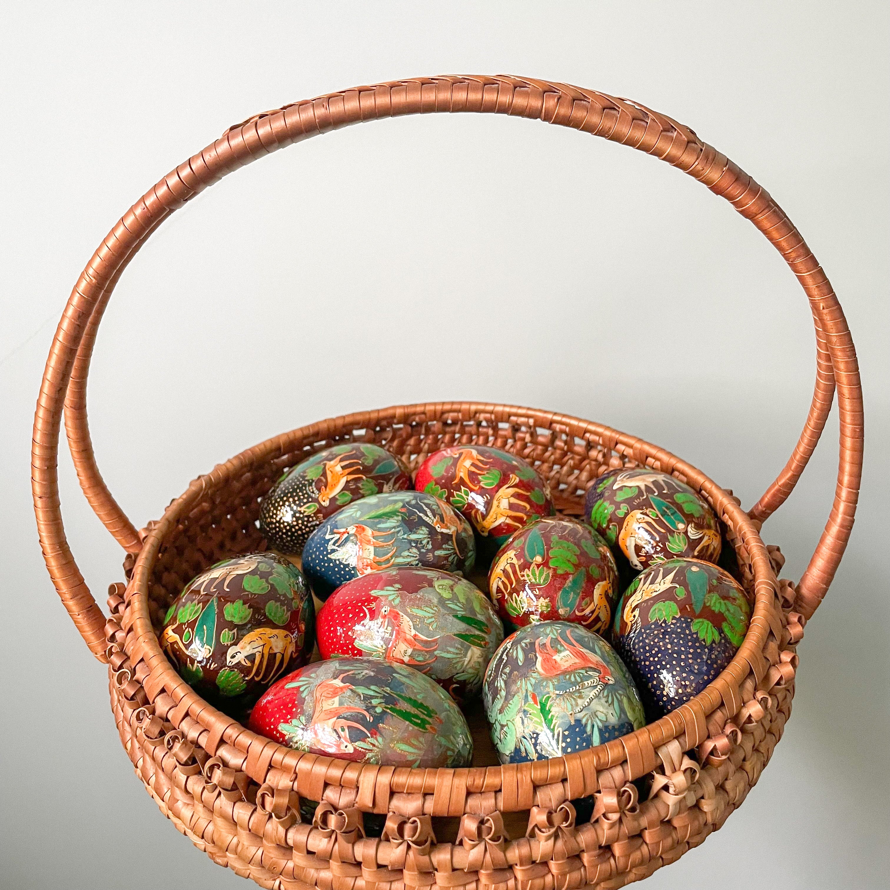 Low vintage woven wicker basket with a shallow wooden base, Easter basket - Moppet