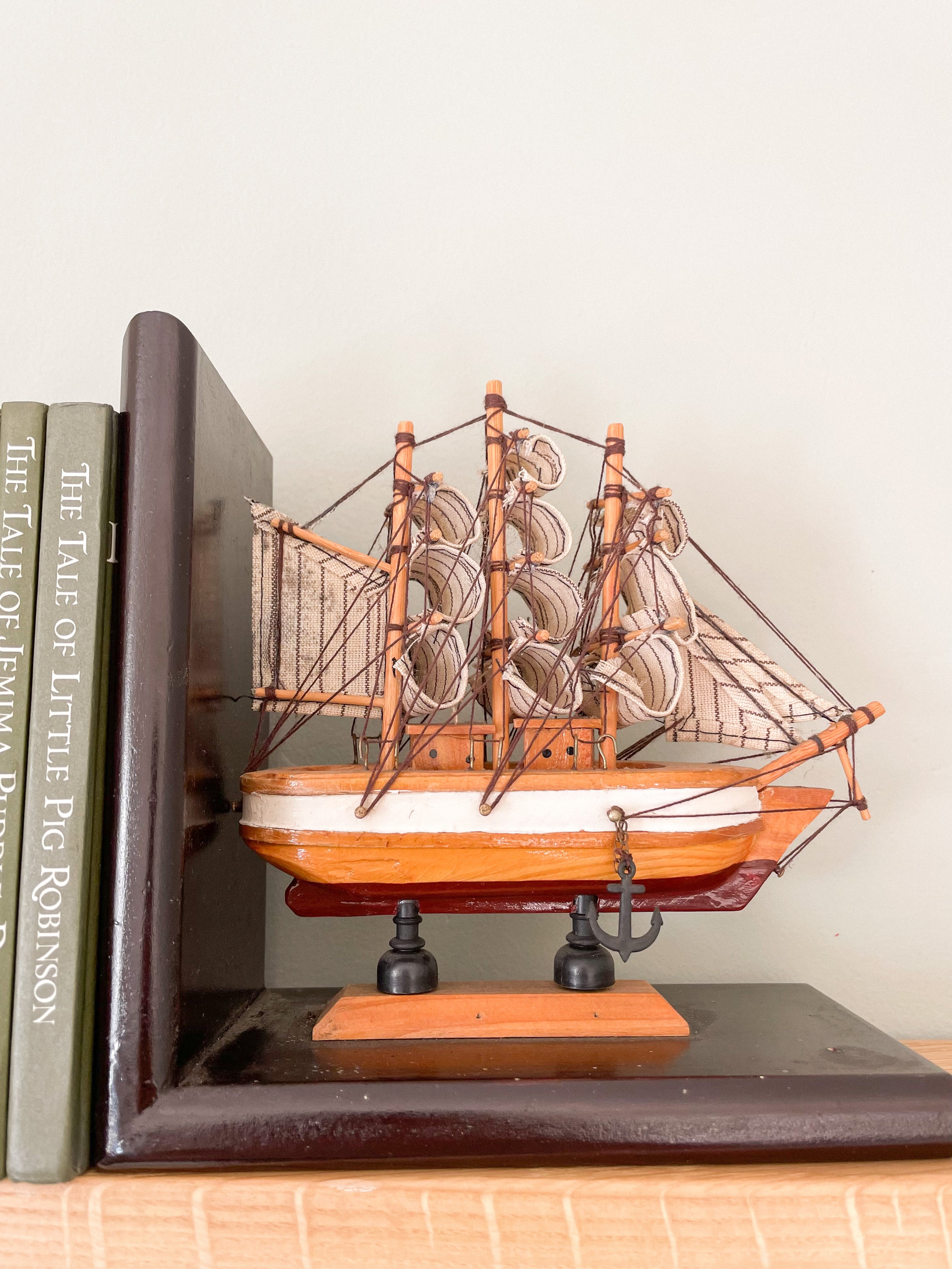Pair of vintage wooden model sailing ship bookends - Moppet