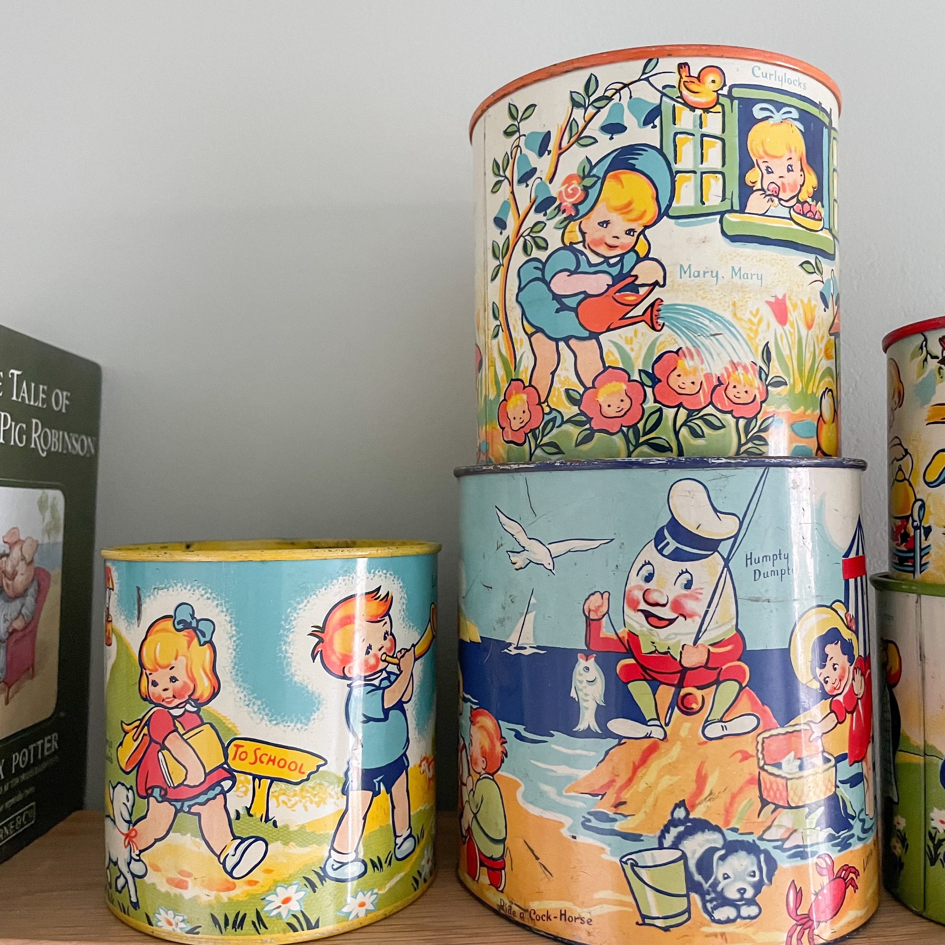 Vintage 1950s tinplate nesting and stacking cups with nursery rhymes, made by Chad Valley ‘Wee-Kin’ in England - Moppet
