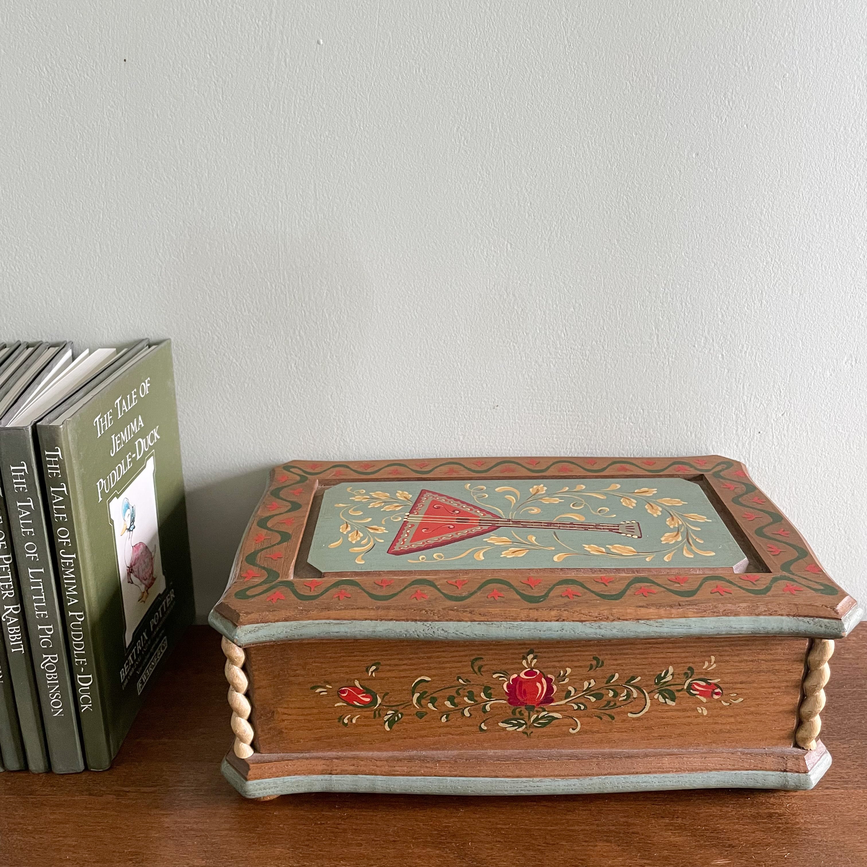 Vintage 1950s Italian hand-carved and painted wooden music box with mandolin motif - Moppet