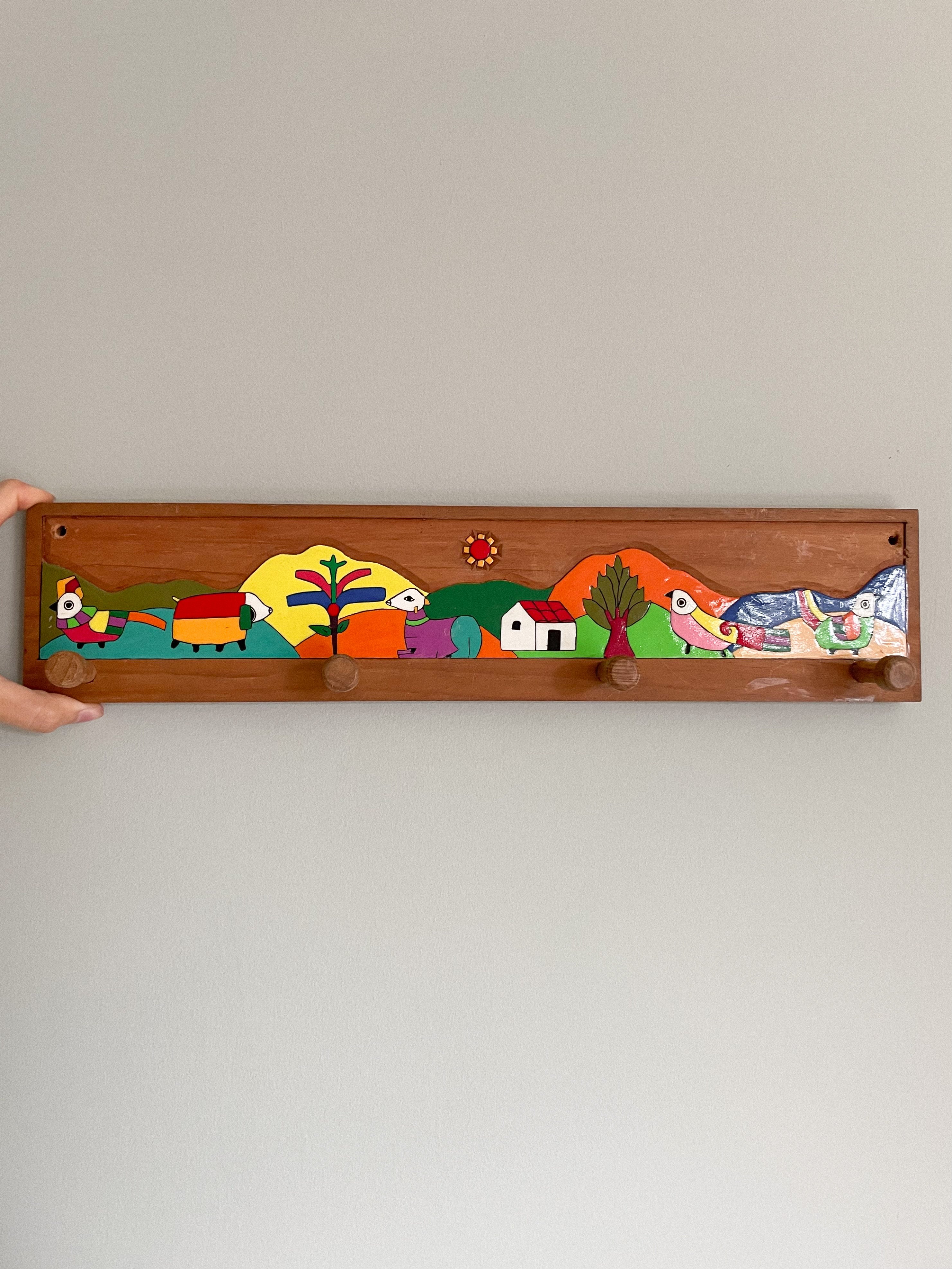 Vintage El Salvadorian wooden peg rail coat hook with hand-painted animal design - Moppet