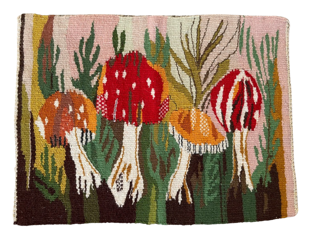 Vintage mid-century Swedish wall-hanging tapestry of mushroom toadstool design, hand woven Flemish weave twist stitch - Moppet