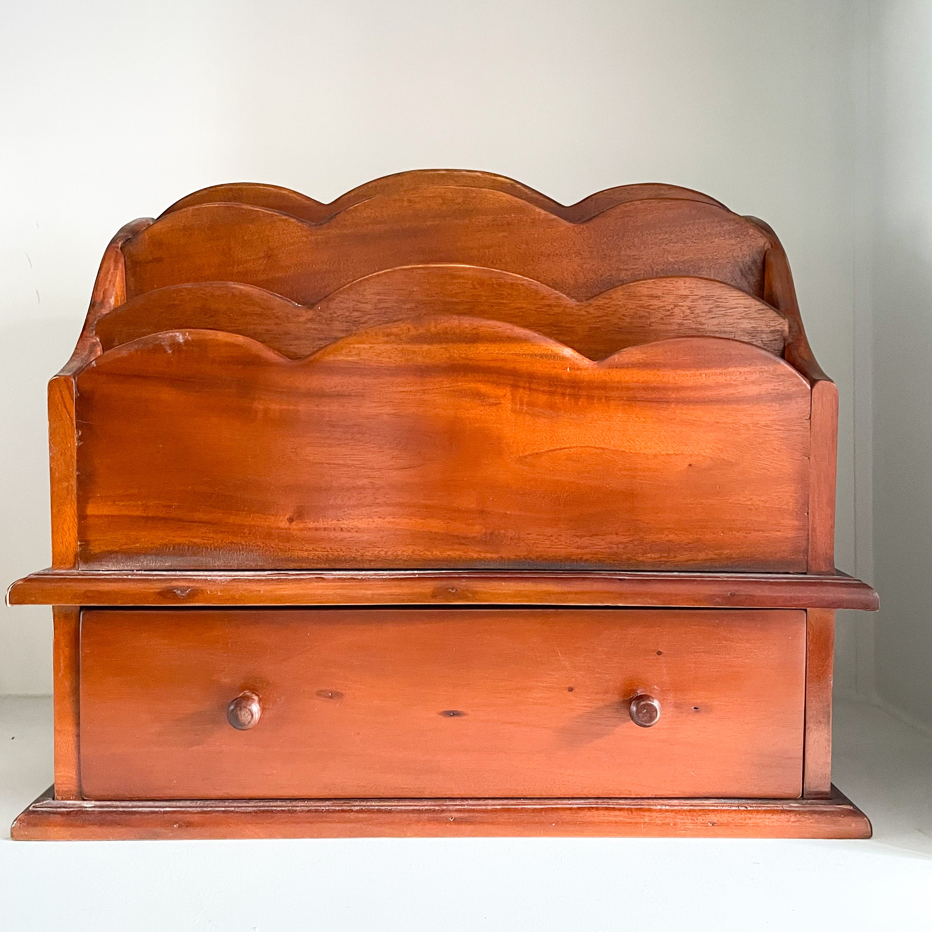 Large vintage wooden scalloped letter rack desk tidy with drawer - Moppet