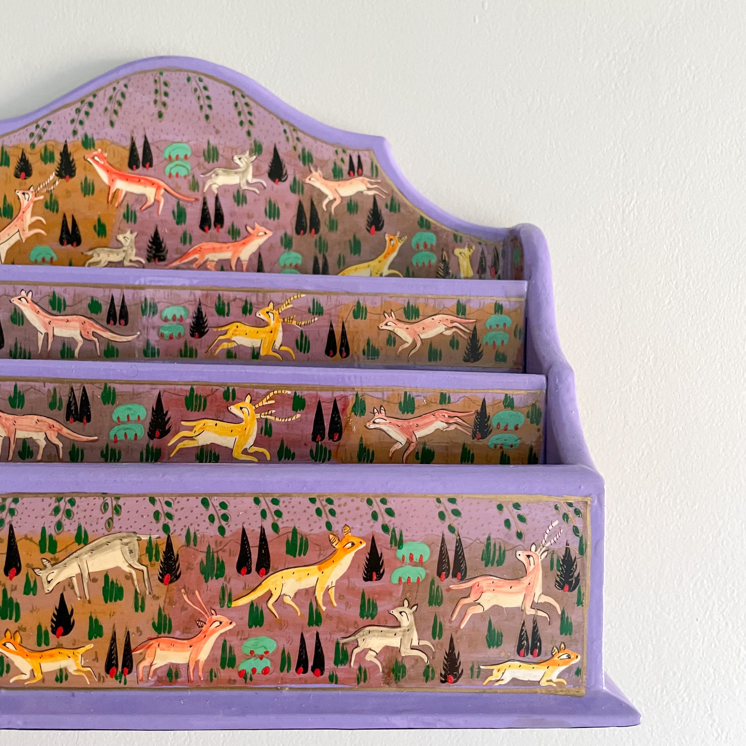 Kashmiri hand-painted folk art wooden lacquered letter rack with wavy edge and jungle animals design - Moppet