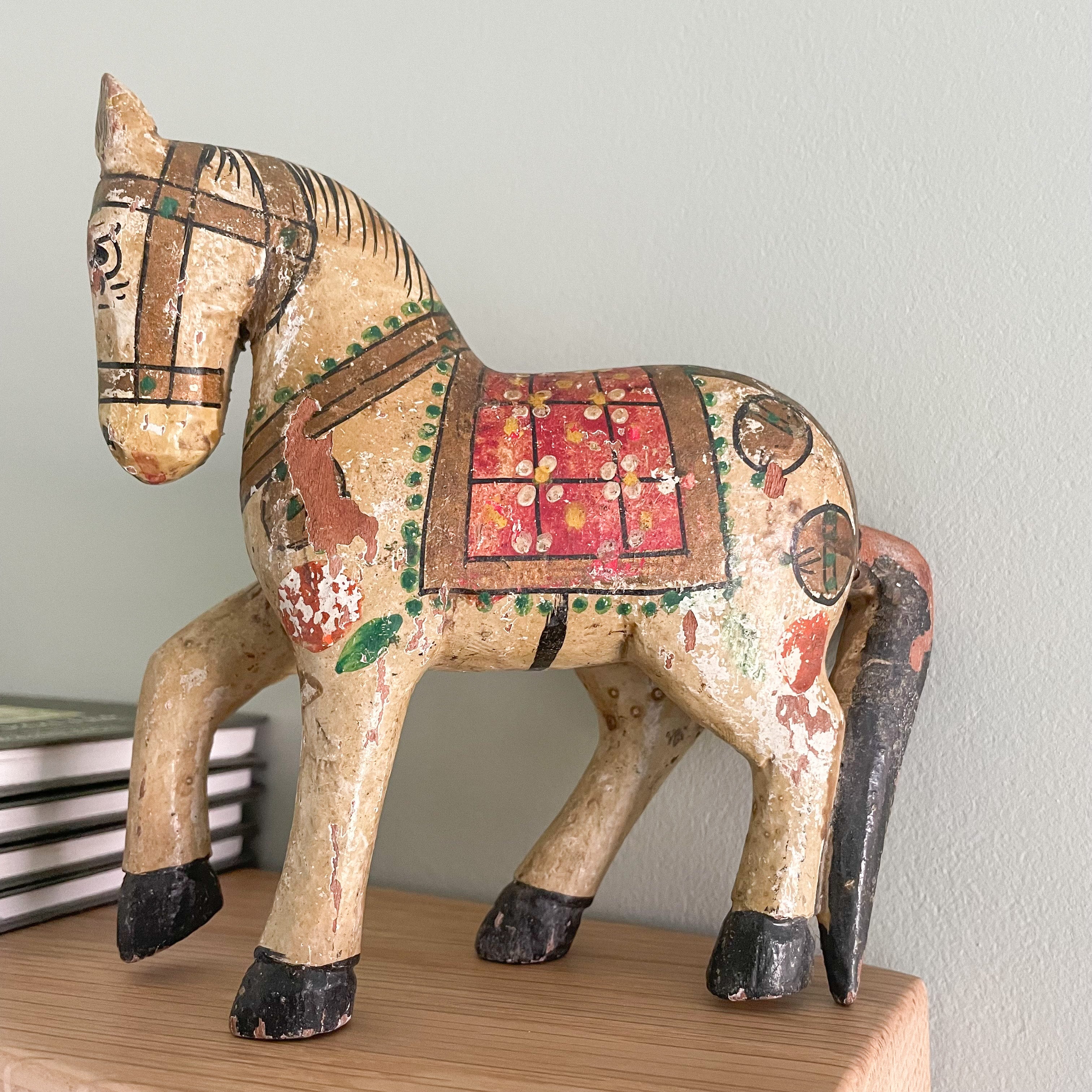 Vintage wooden folk art hand-painted horse, possibly Swedish Dala - Moppet