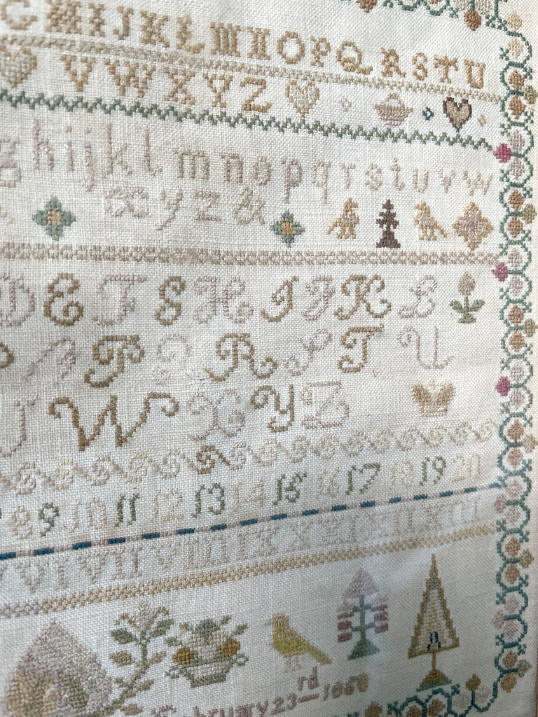 Antique 19th Century framed alphabet cross stitch embroidery sampler - Moppet
