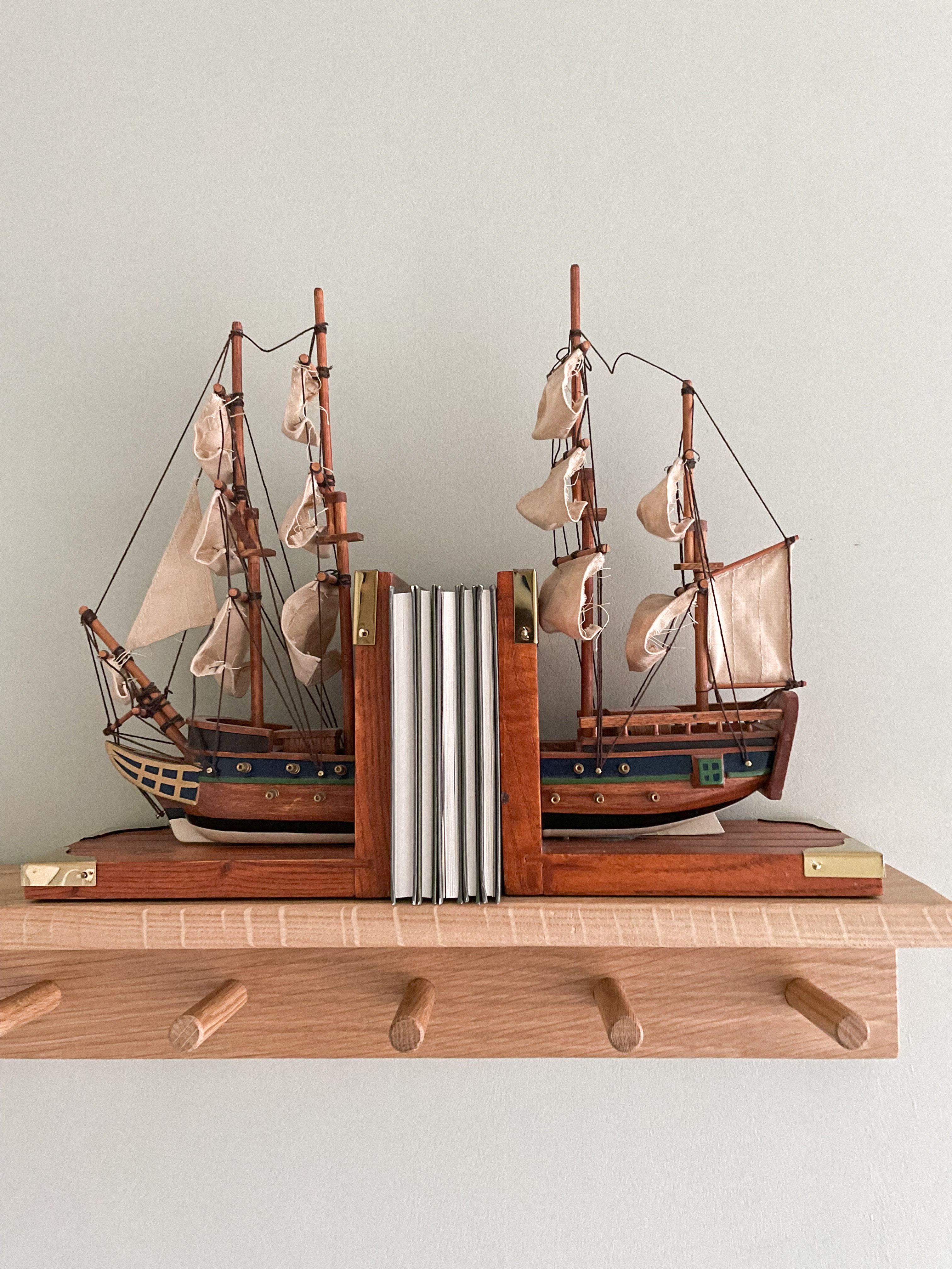 Pair of vintage wooden model sailing ship bookends - Moppet