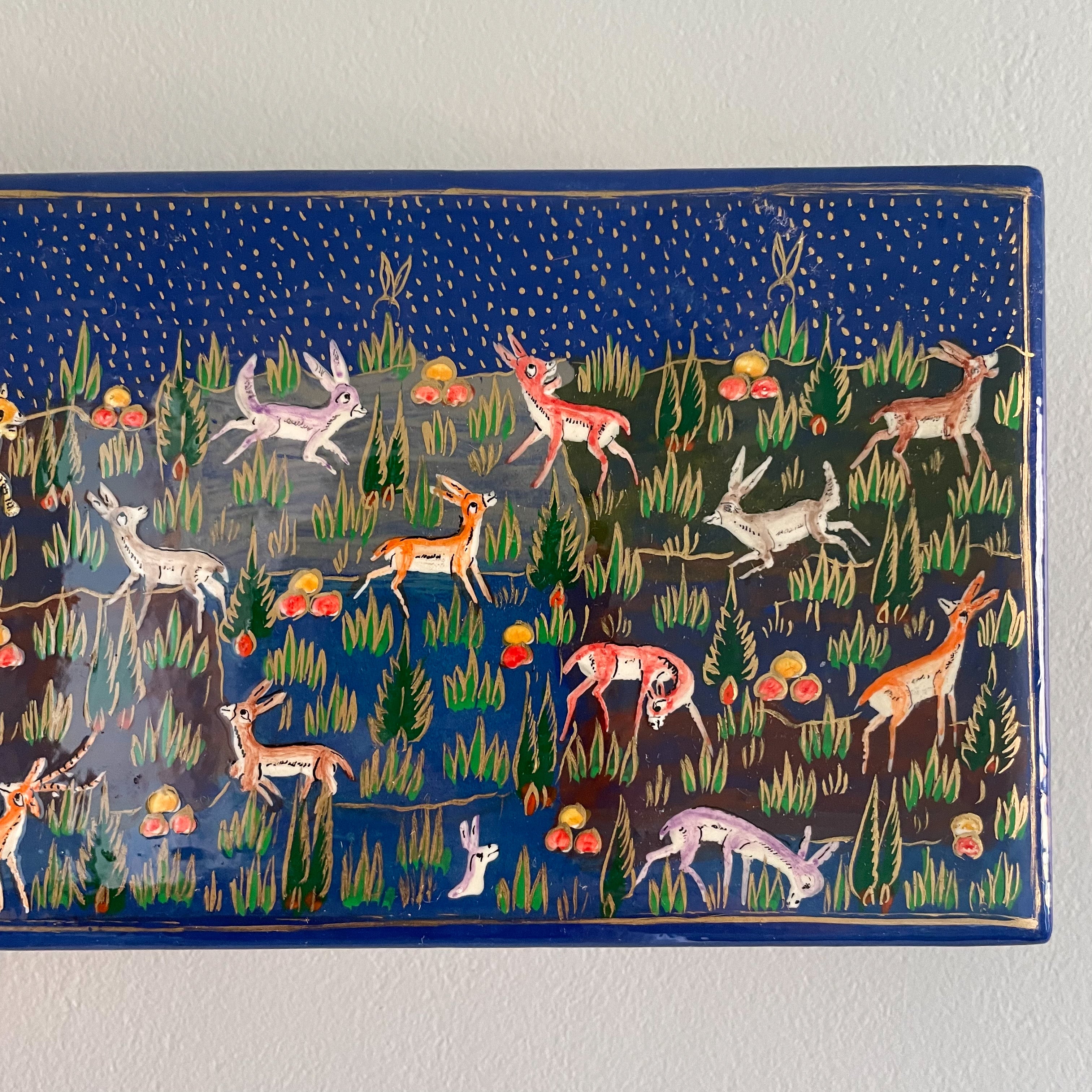 Kashmiri hand-painted folk art papier maché lacquered trinket box with jungle animals design | blue - Moppet