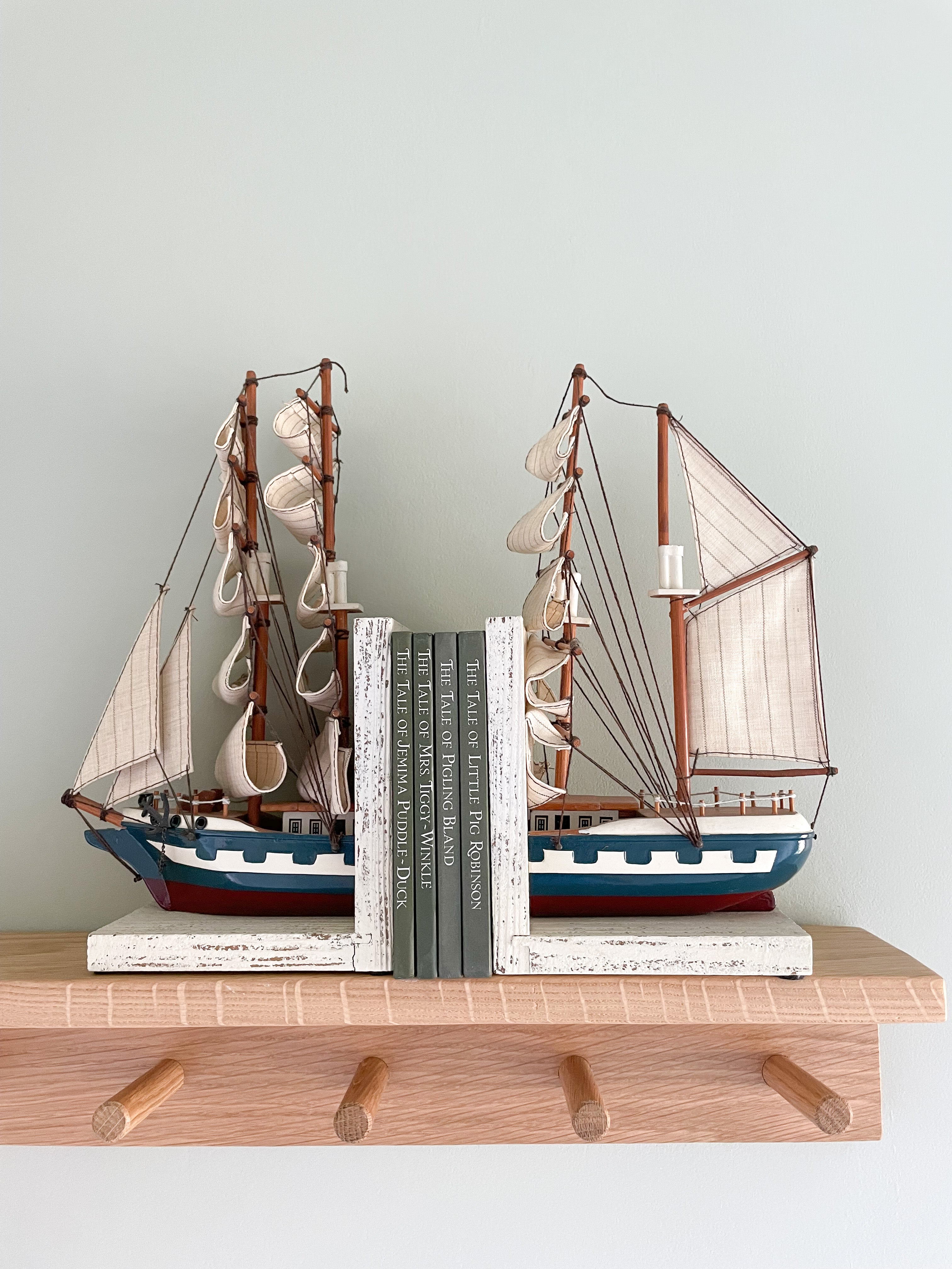 Pair of vintage wooden model sailing ship bookends - Moppet