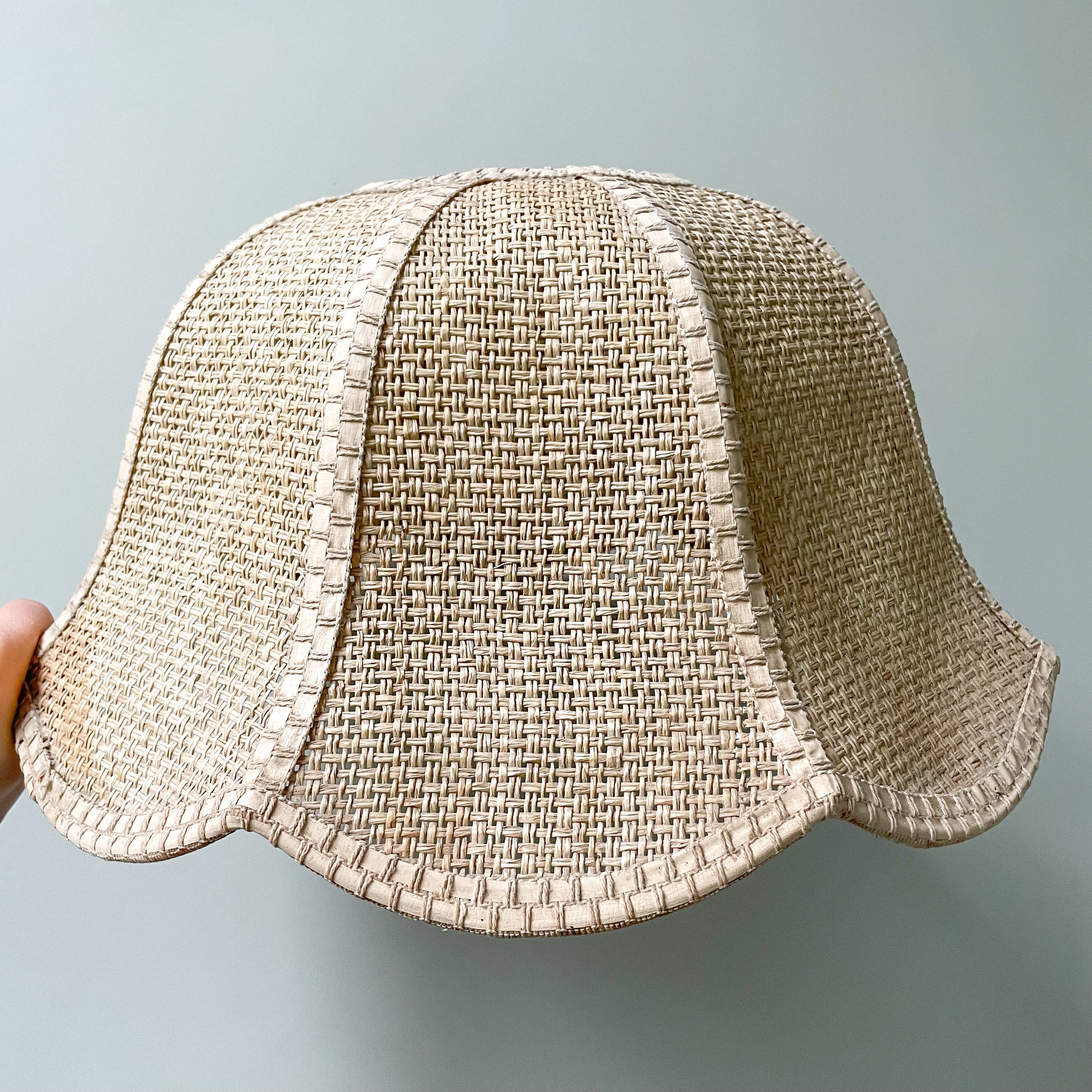 Vintage woven rattan wicker ceiling shade in scalloped petal/tulip/flower shape - Moppet