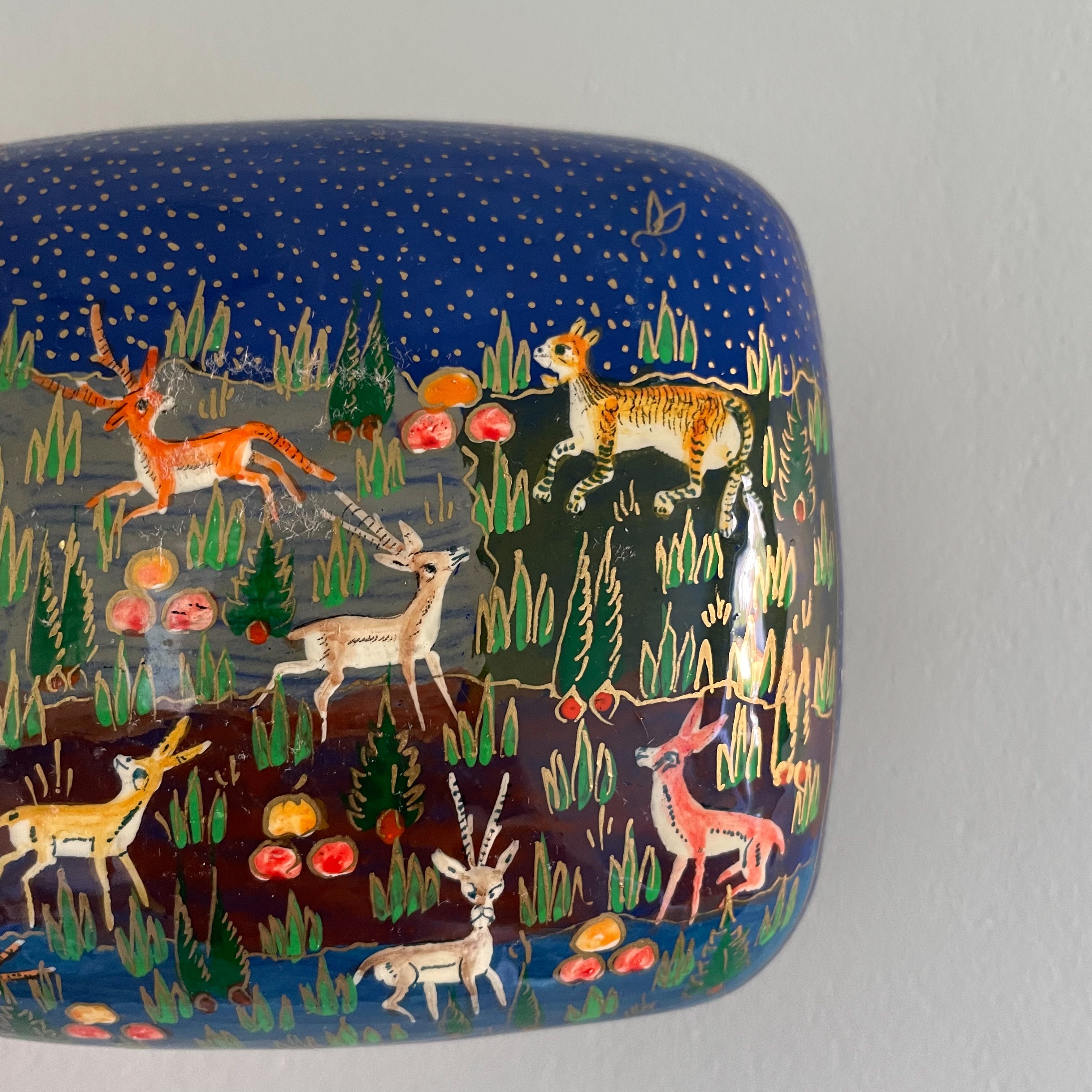 Kashmiri hand-painted folk art papier maché lacquered trinket box with jungle animals design | blue - Moppet