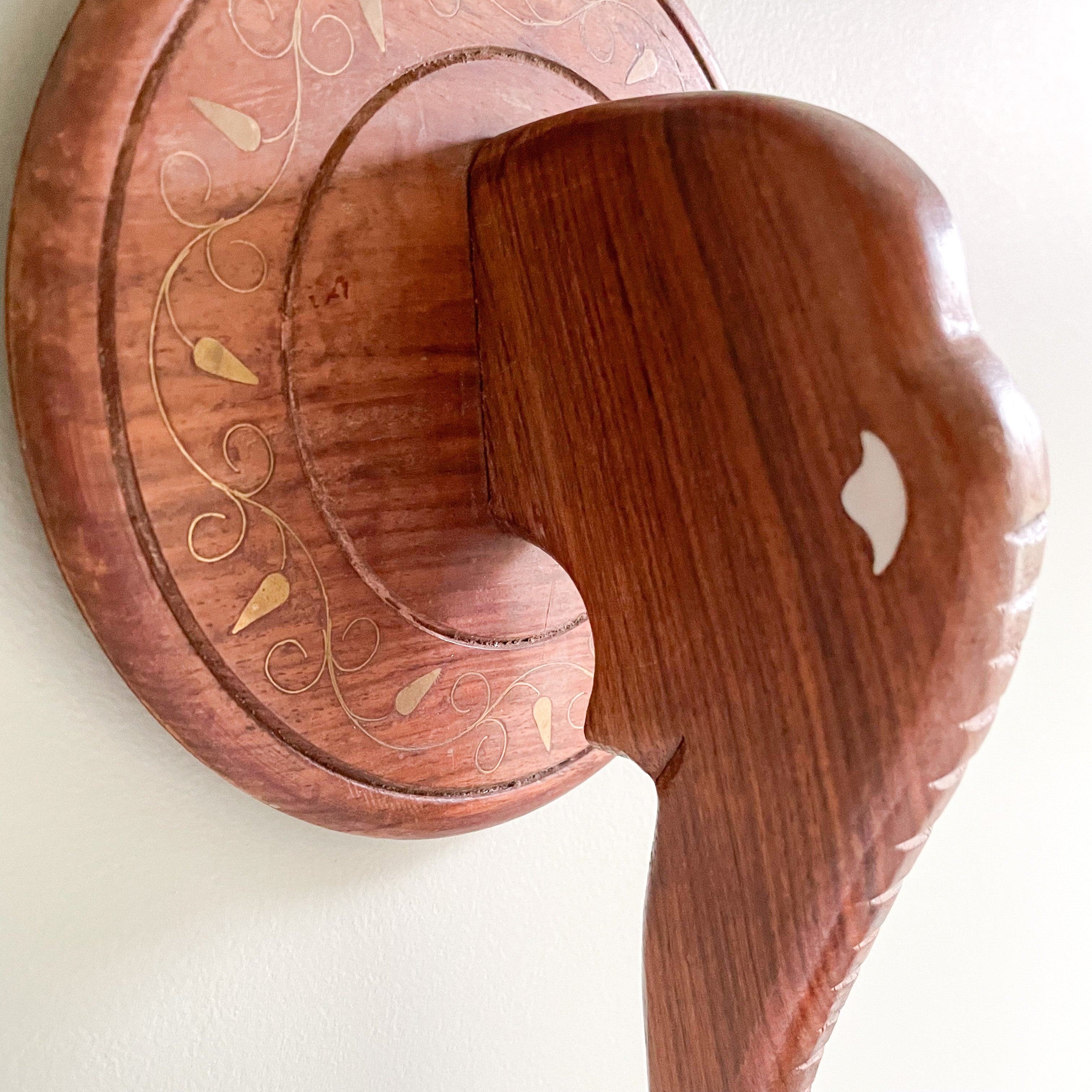Vintage Indian wooden hand-carved elephant head hook with brass inlay – Indian wall art - Moppet