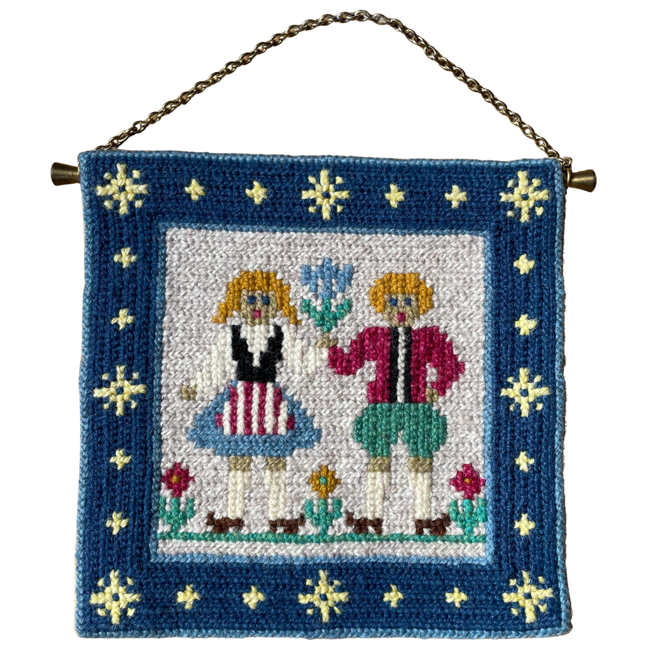 Vintage mid-century Swedish handmade wall-hanging tapestry of a boy and a girl - Moppet