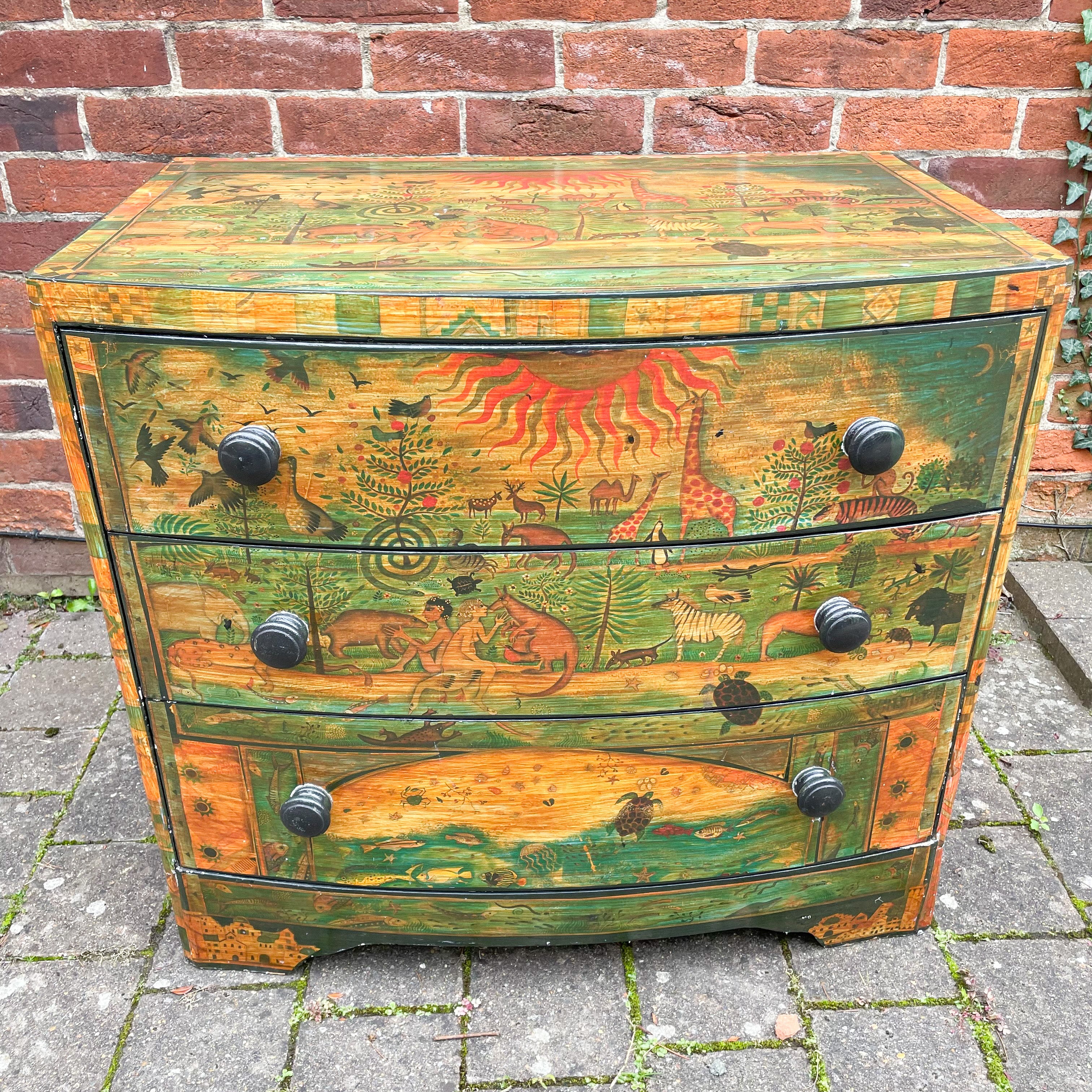 Vintage bow-fronted chest of drawers with ‘Garden of Eden’ mid-century decoupage - Moppet