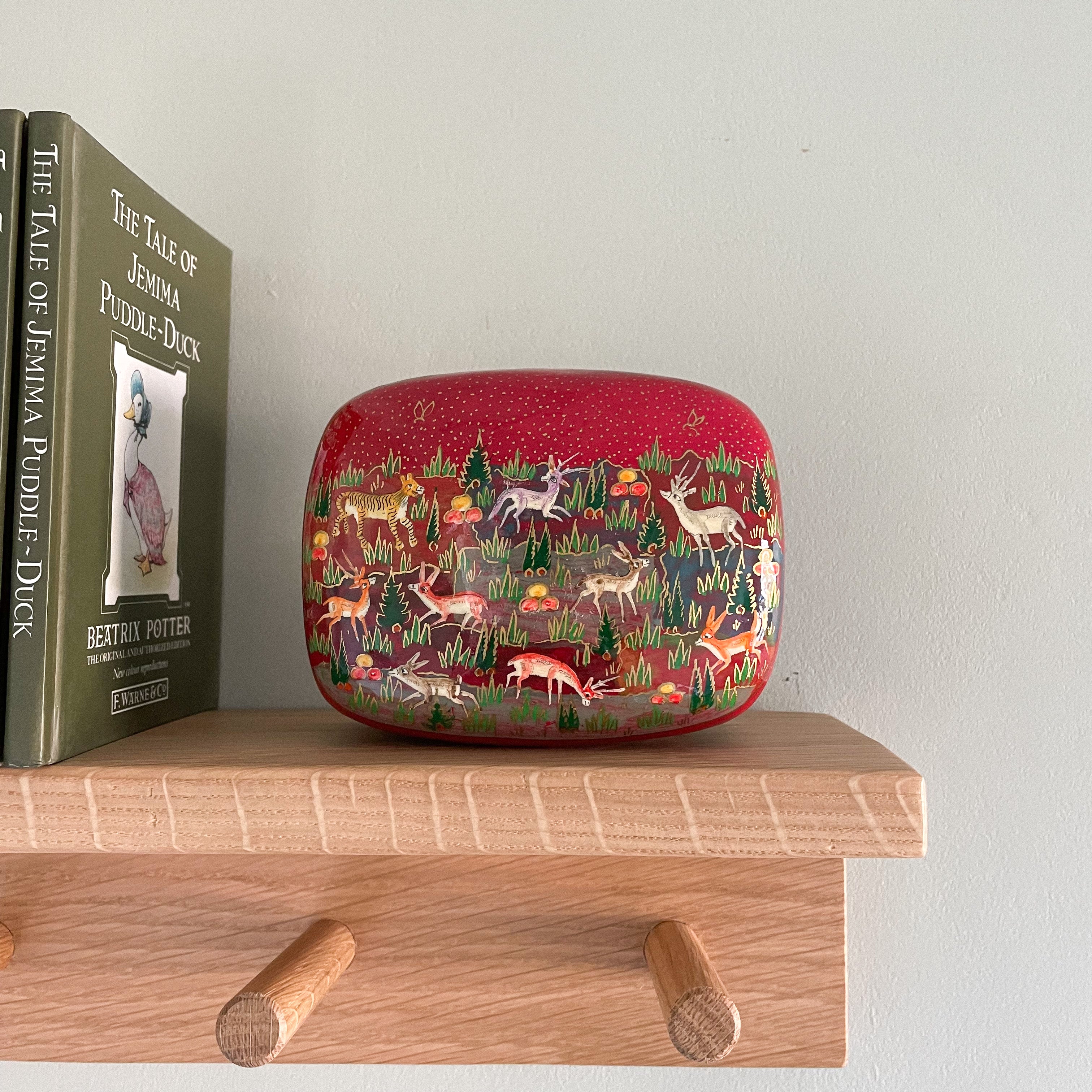 Kashmiri hand-painted folk art papier maché lacquered trinket box with jungle animals design | red - Moppet