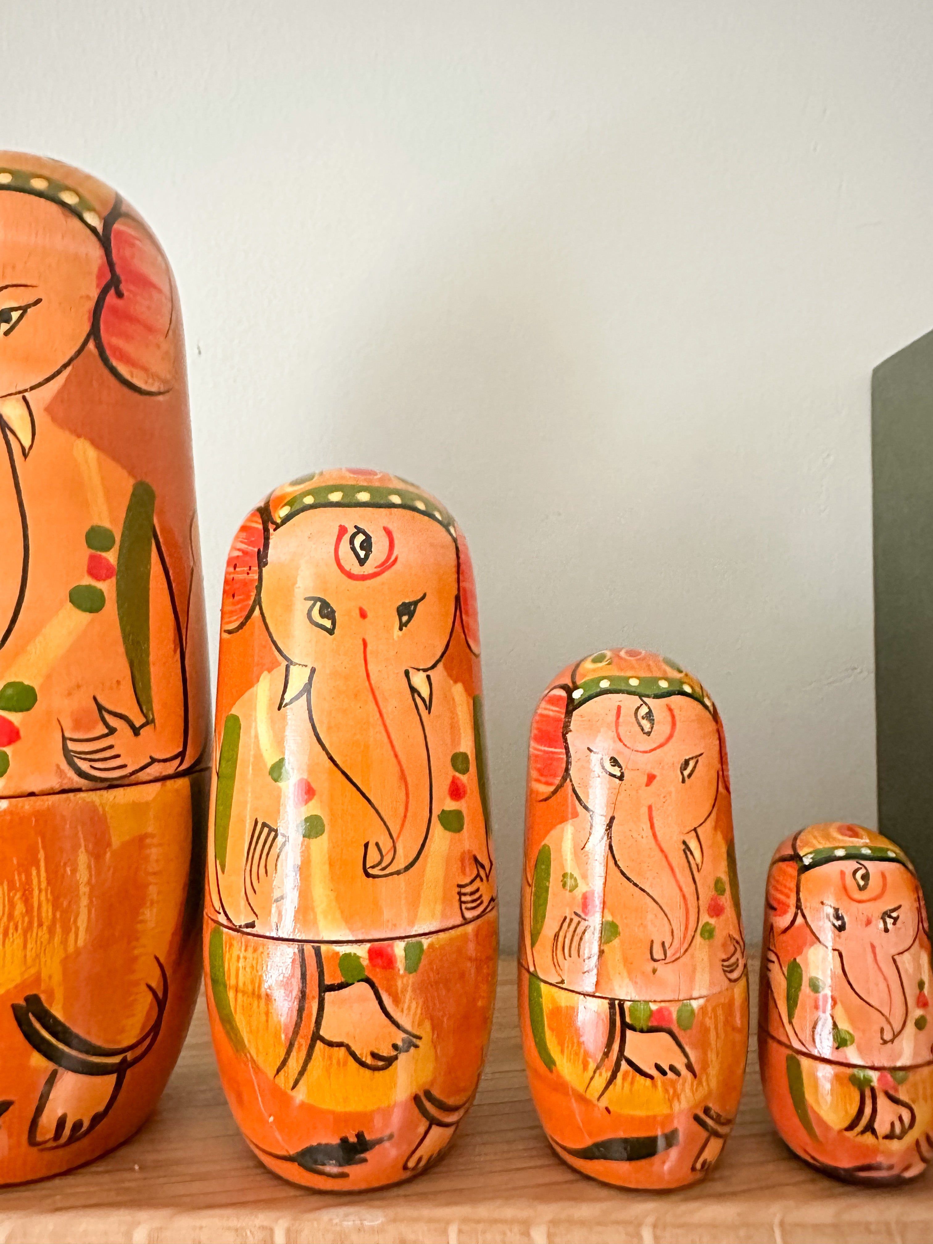 Vintage unusual wooden Ganesha elephant nesting Russian Matryoshka dolls - Moppet
