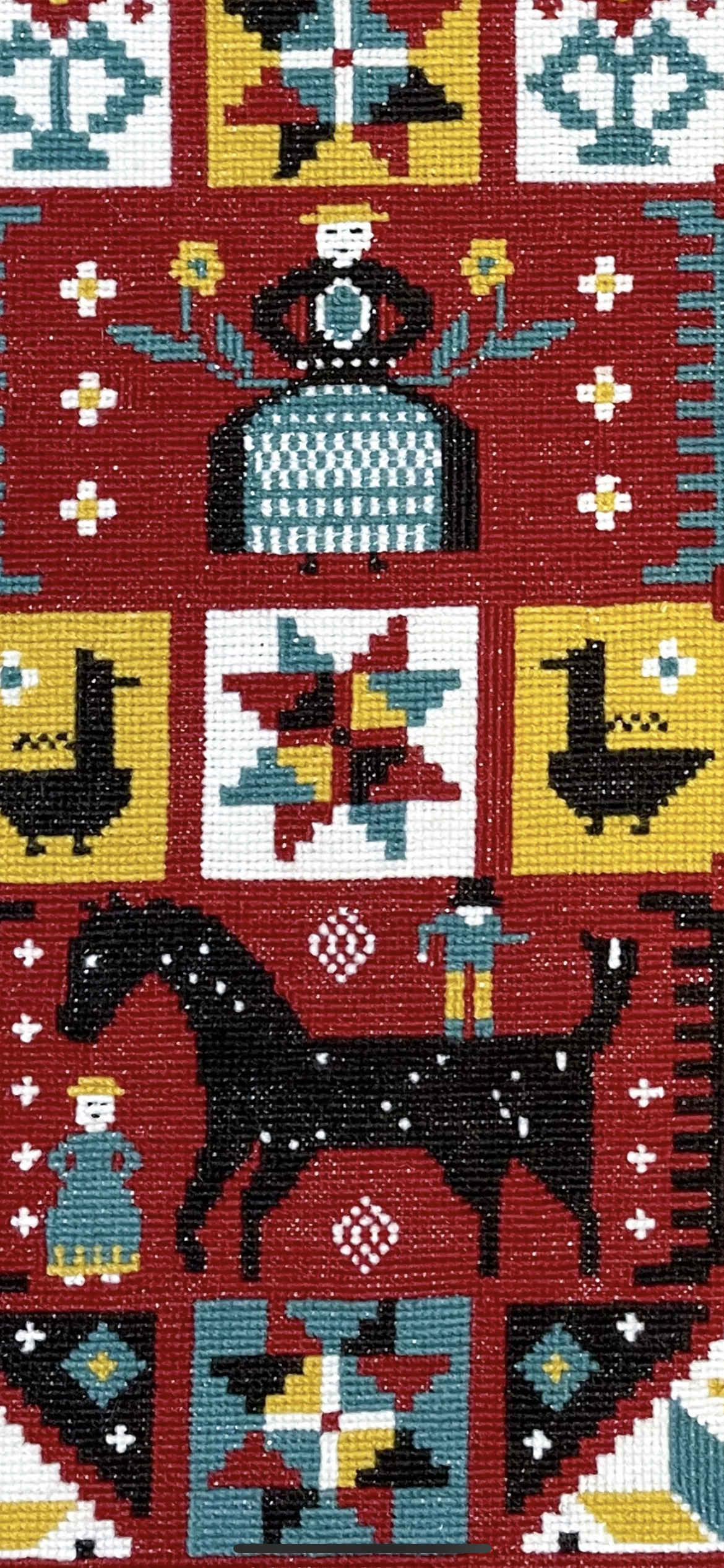 Vintage mid-century Swedish wall-hanging tapestry in folk art design with men, women and a horse, hand woven Flemish weave twist stitch - Moppet