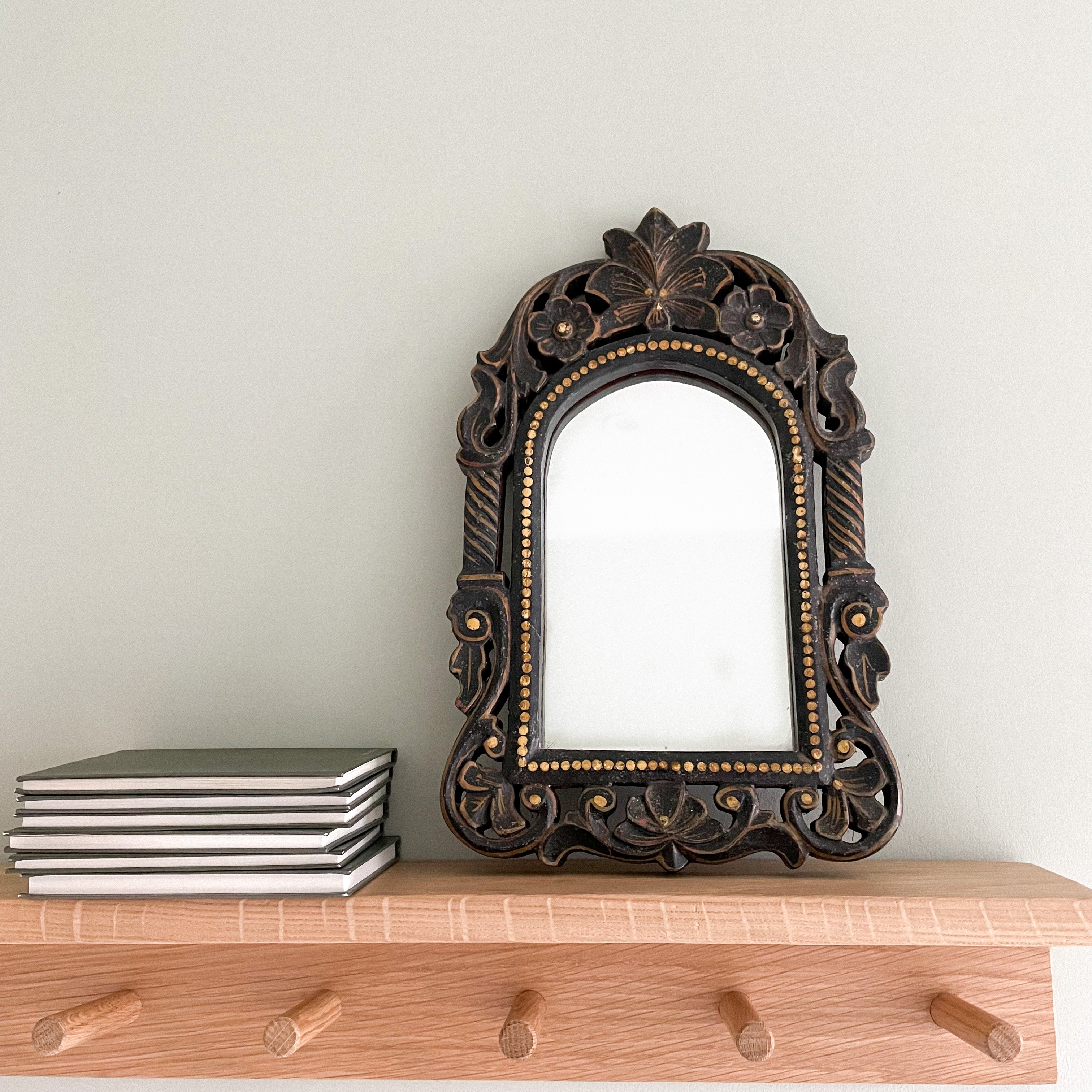 Vintage hand-carved ebonised wooden mirror black with hand-painted gold detail - Moppet