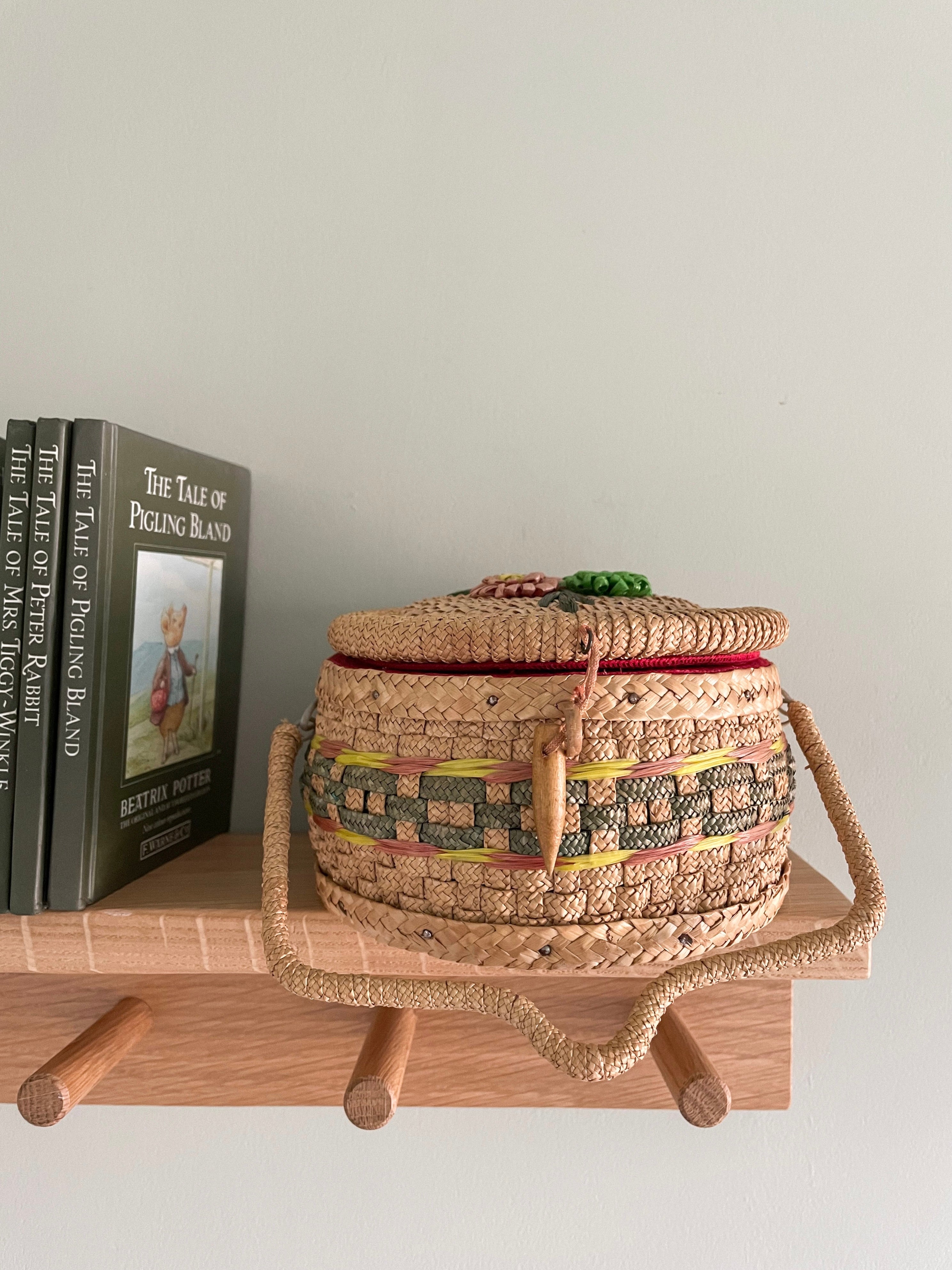 Vintage spring / Easter floral woven straw basket, formerly a sewing basket - Moppet