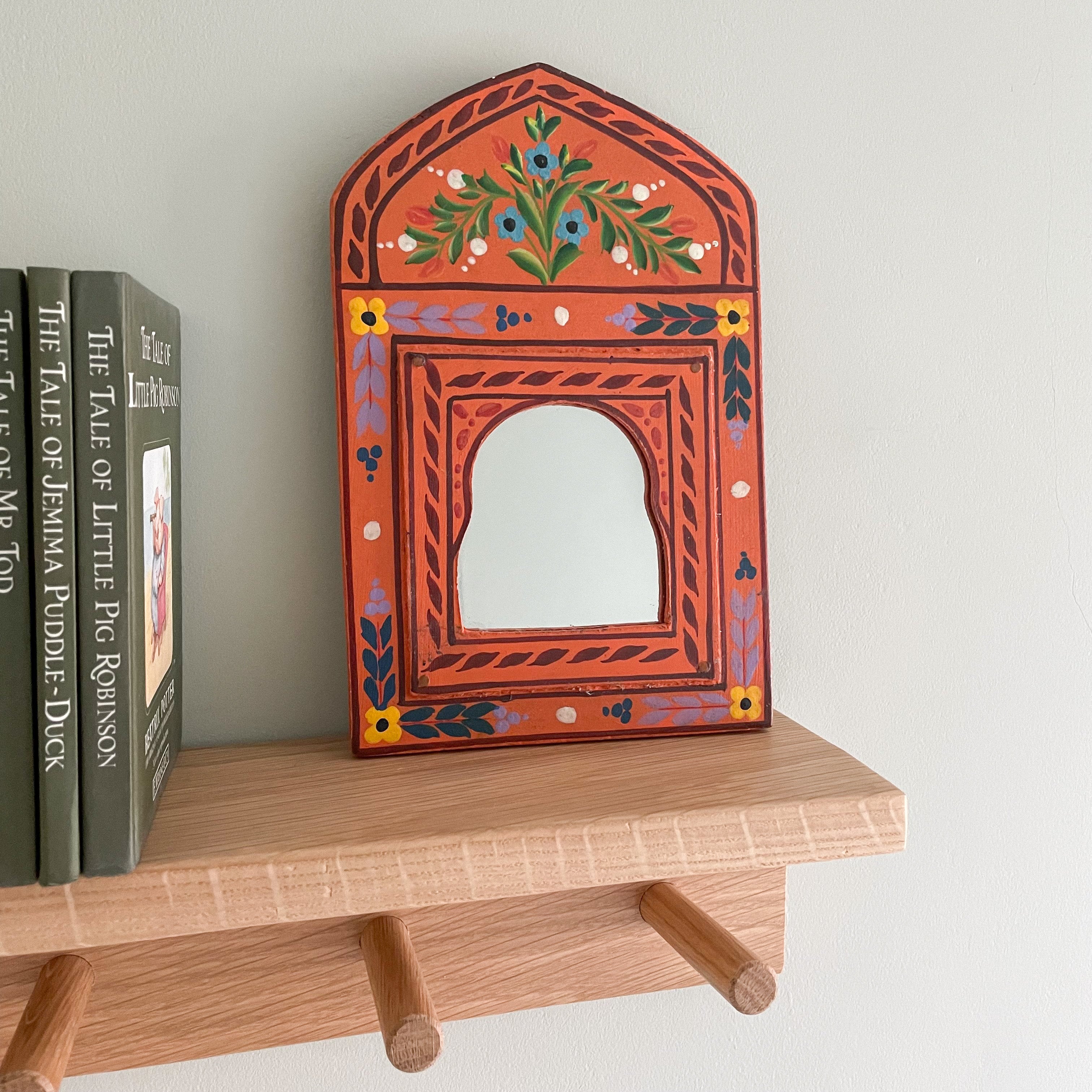 Vintage Moroccan hand painted wooden orange arched window mirror - Moppet