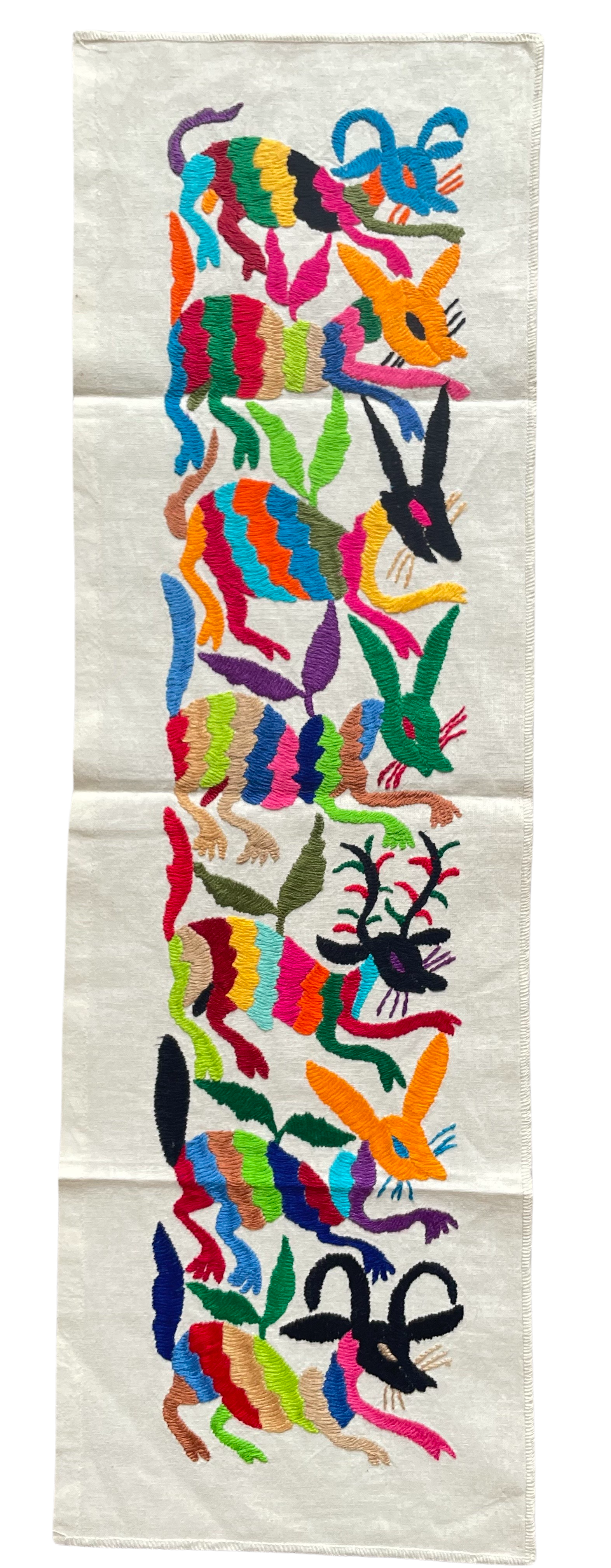 Vintage hand-embroidered Mexican Otomi folk art wall-hanging tapestry - Moppet